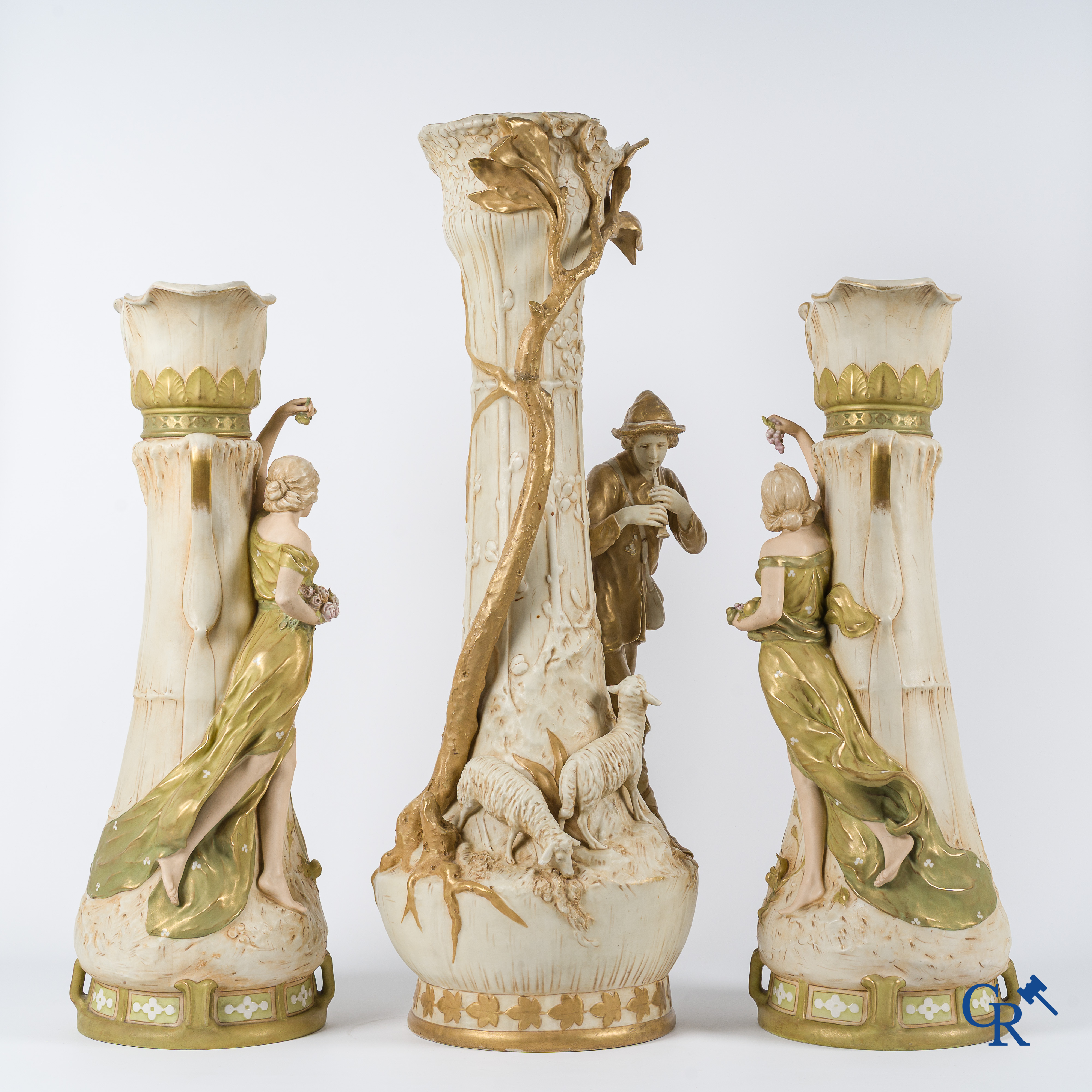 Royal Dux Bohemia. Imposing 3 pair in porcelain. Art Nouveau. Marked. Circa 1900.