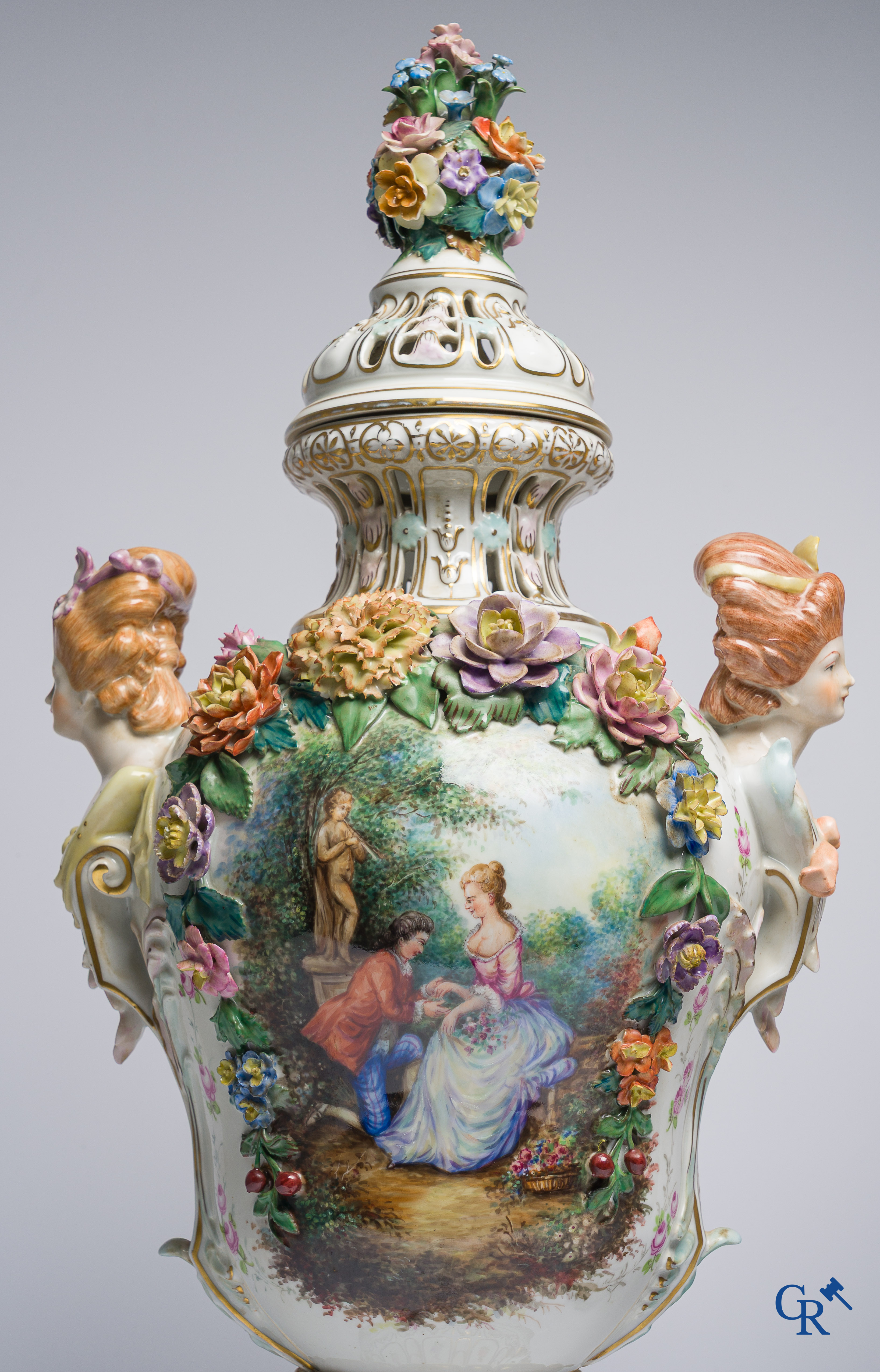 Dresden, German porcelain. Pair of large lid vases with romantic scenes. On base. Marked and numbered.