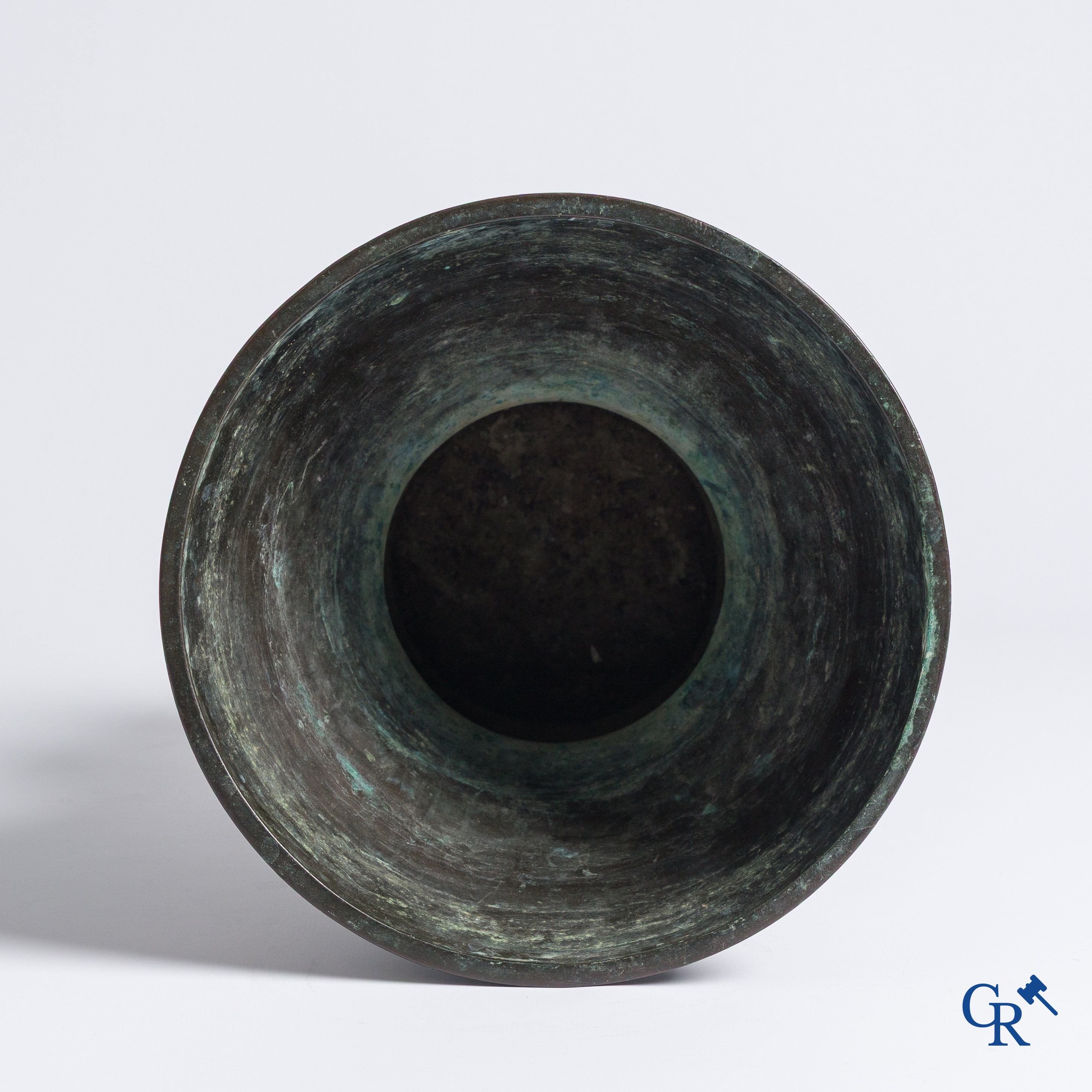 Asian Art, A Chinese bronze vase with gilding. (inscriptions in ink on the bottom)