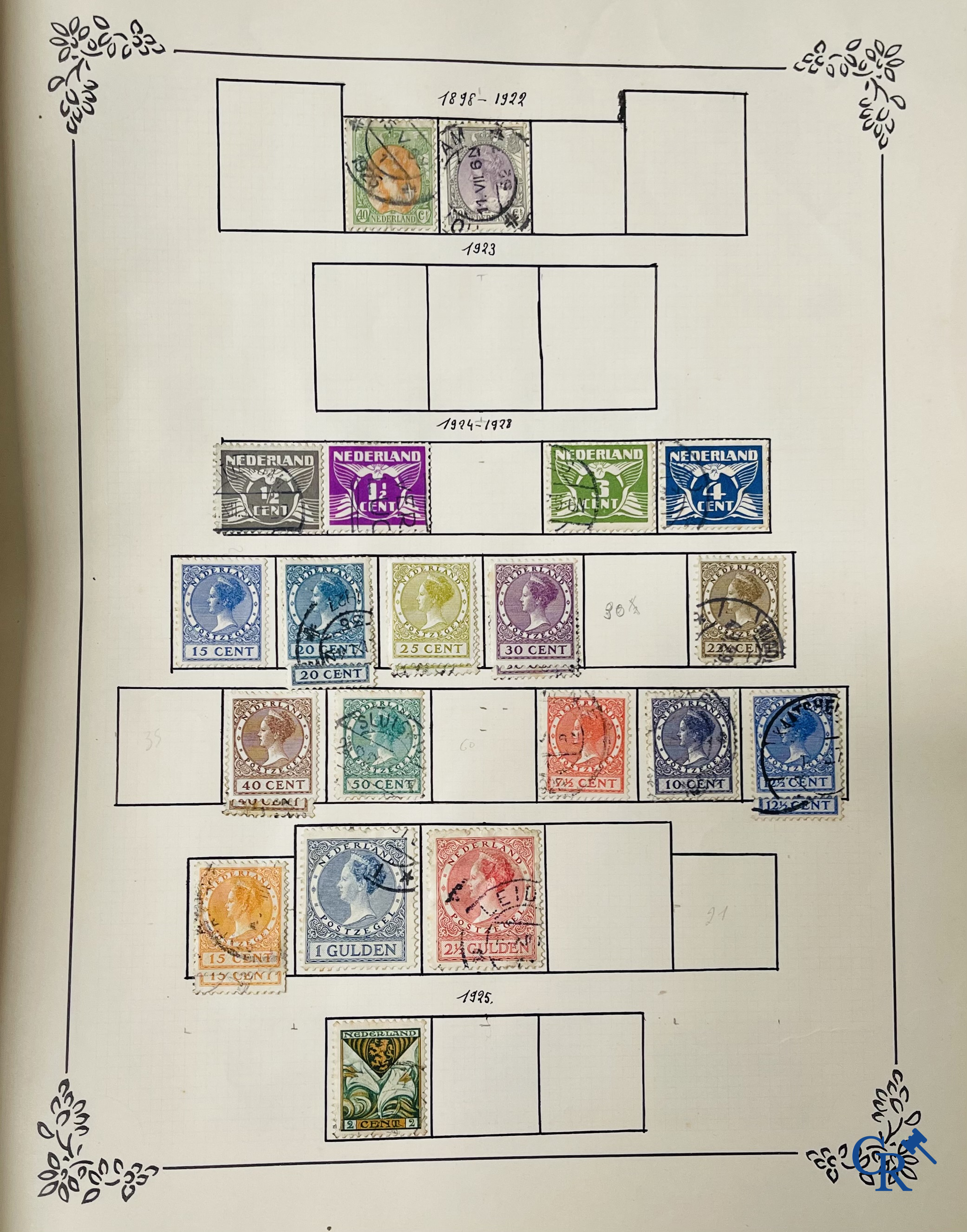 Philately. Album with various rare antique stamps, including early Belgian stamps.