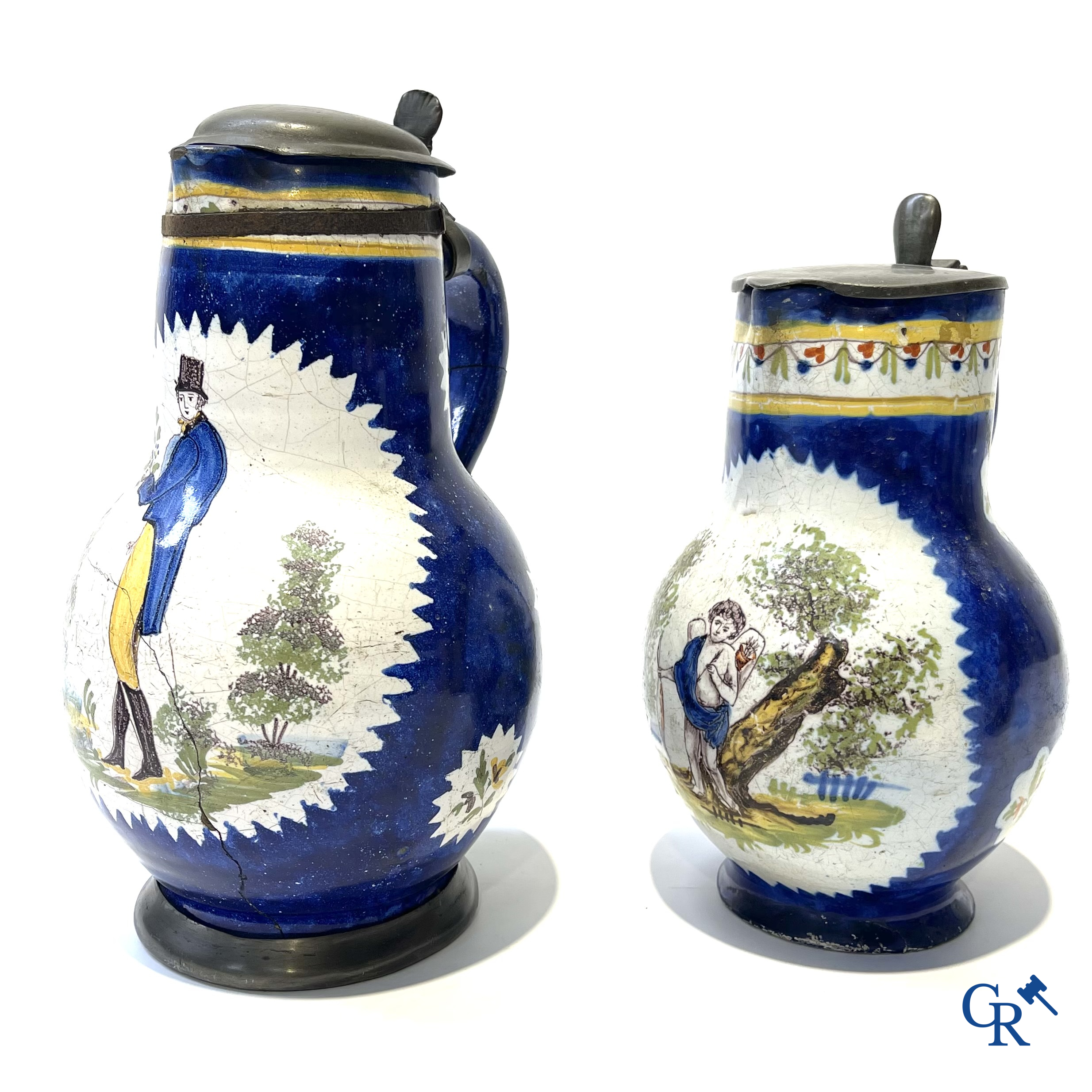 Brussels pottery. 3 jugs with tin lid and a beer jug in decorated Brussels pottery. 18th-19th century.