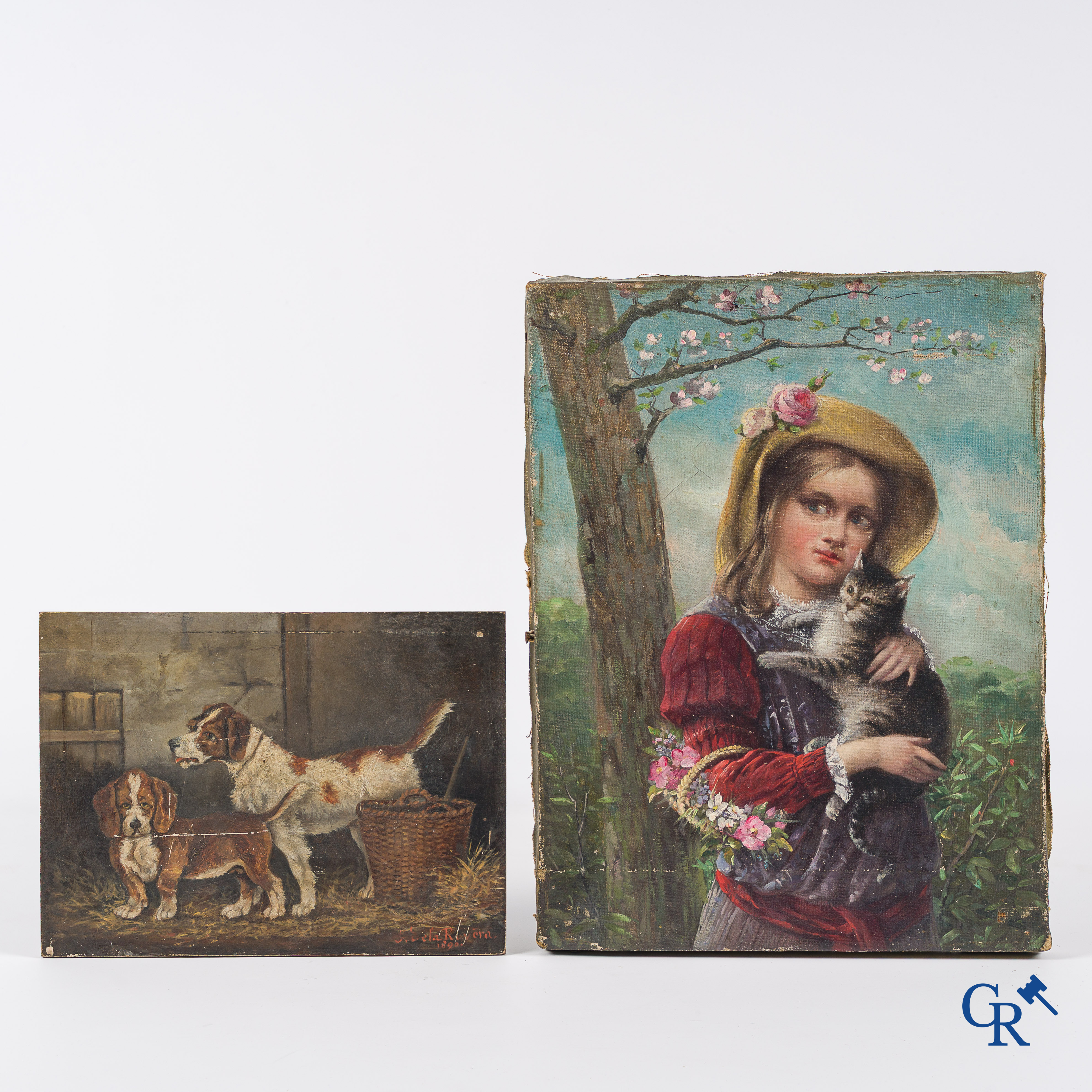 2 romantic paintings, girl with cat and 2 playing dogs, signed De La Royèra, 1890.