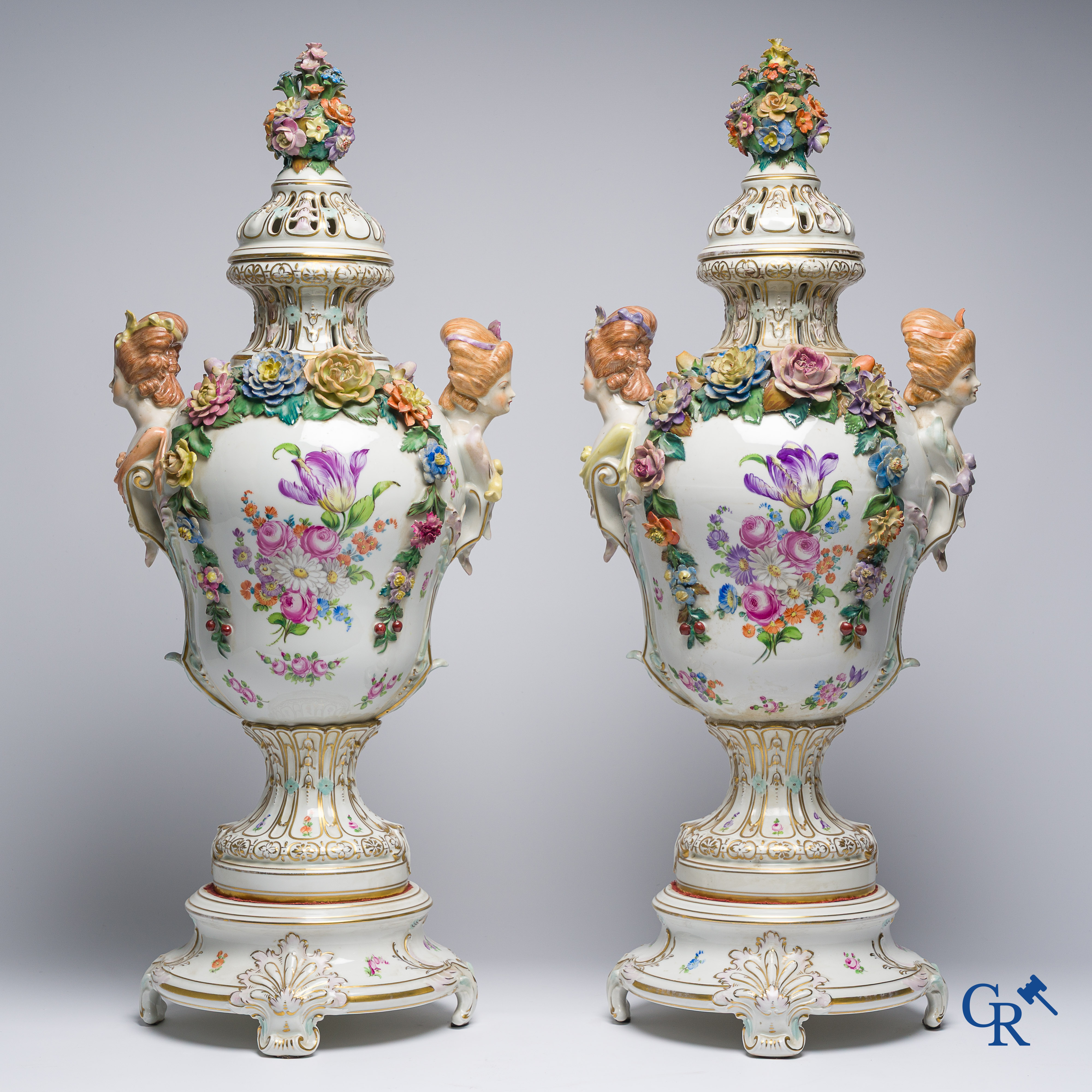 Dresden, German porcelain. Pair of large lid vases with romantic scenes. On base. Marked and numbered.