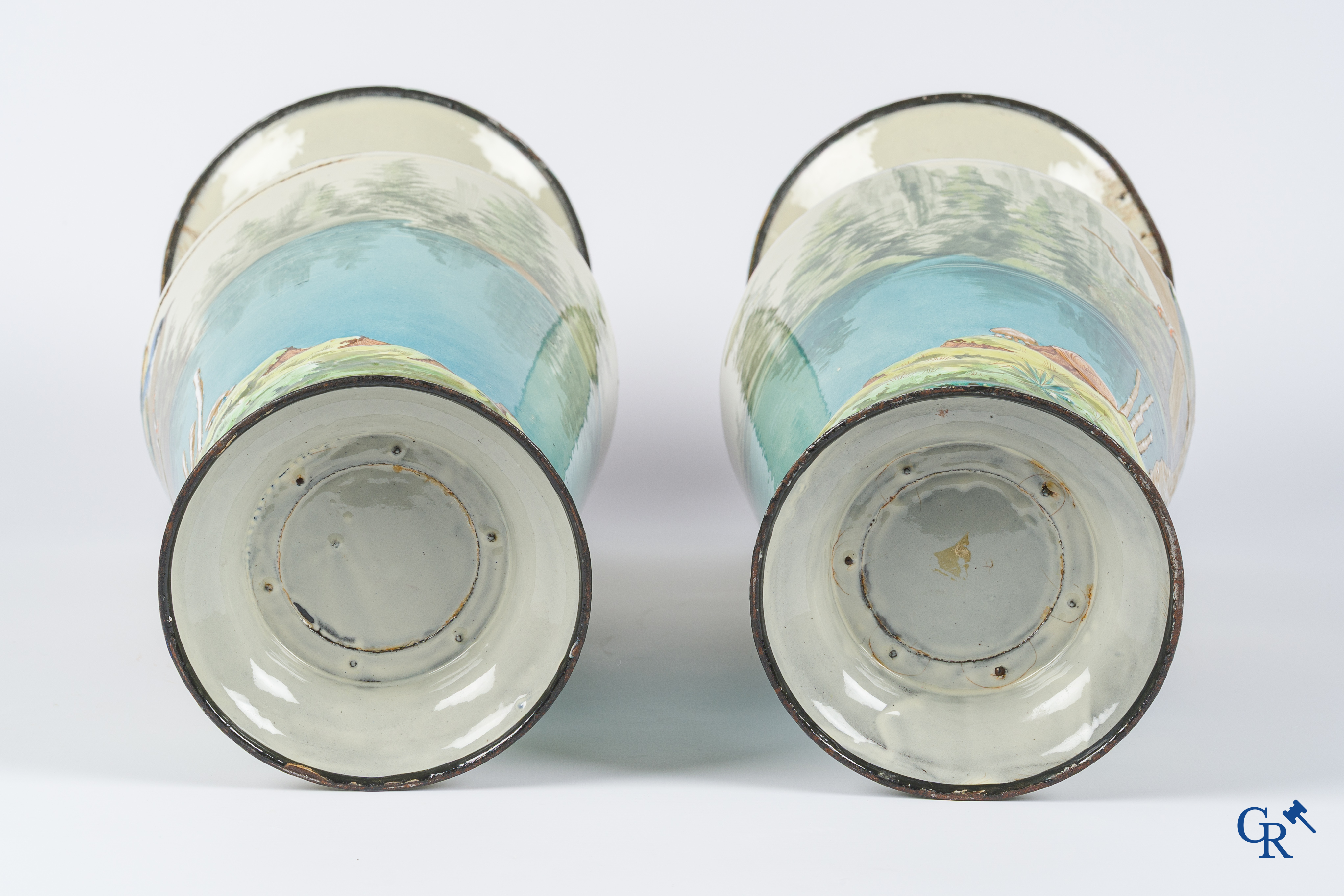 Pair of embossed enamelled metal vases with a decor of birds. Circa 1900.