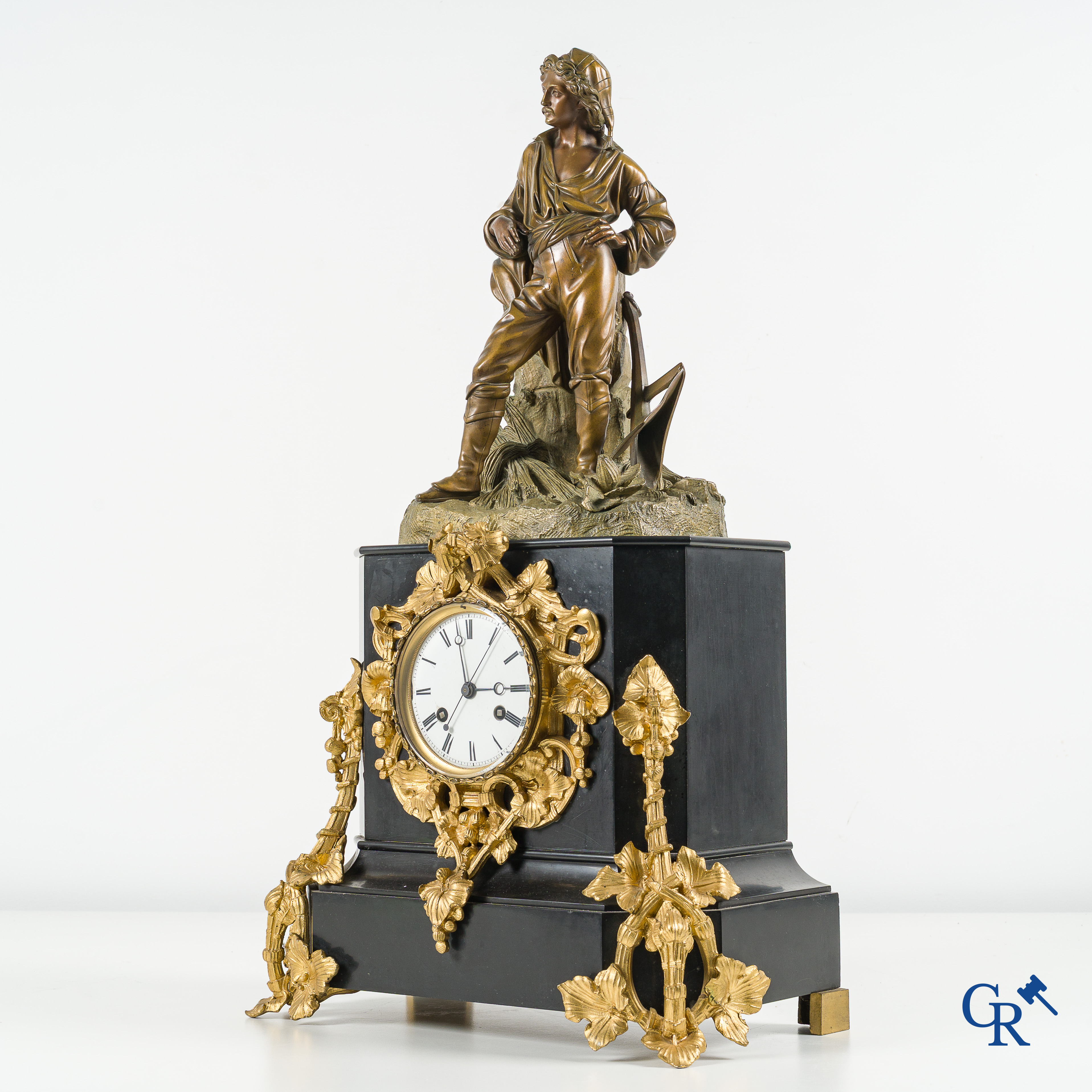 Large fireplace clock in black marble and bronze. Enamelled dial and minute indication. Napoleon III Period.