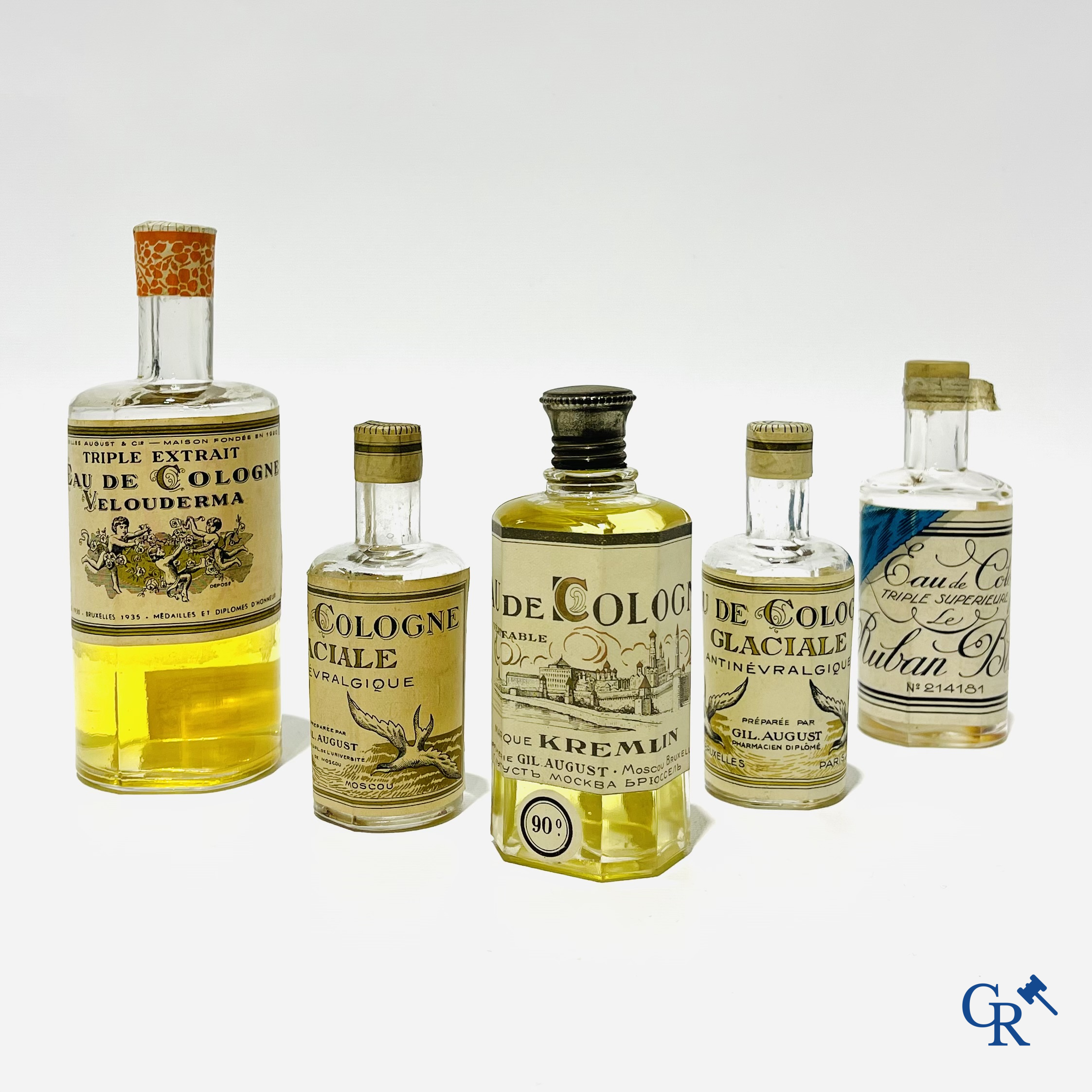Art Deco, 4 rare Eau de Cologne bottles for Gilles August & Cie including marque Kremlin. 1940's.
