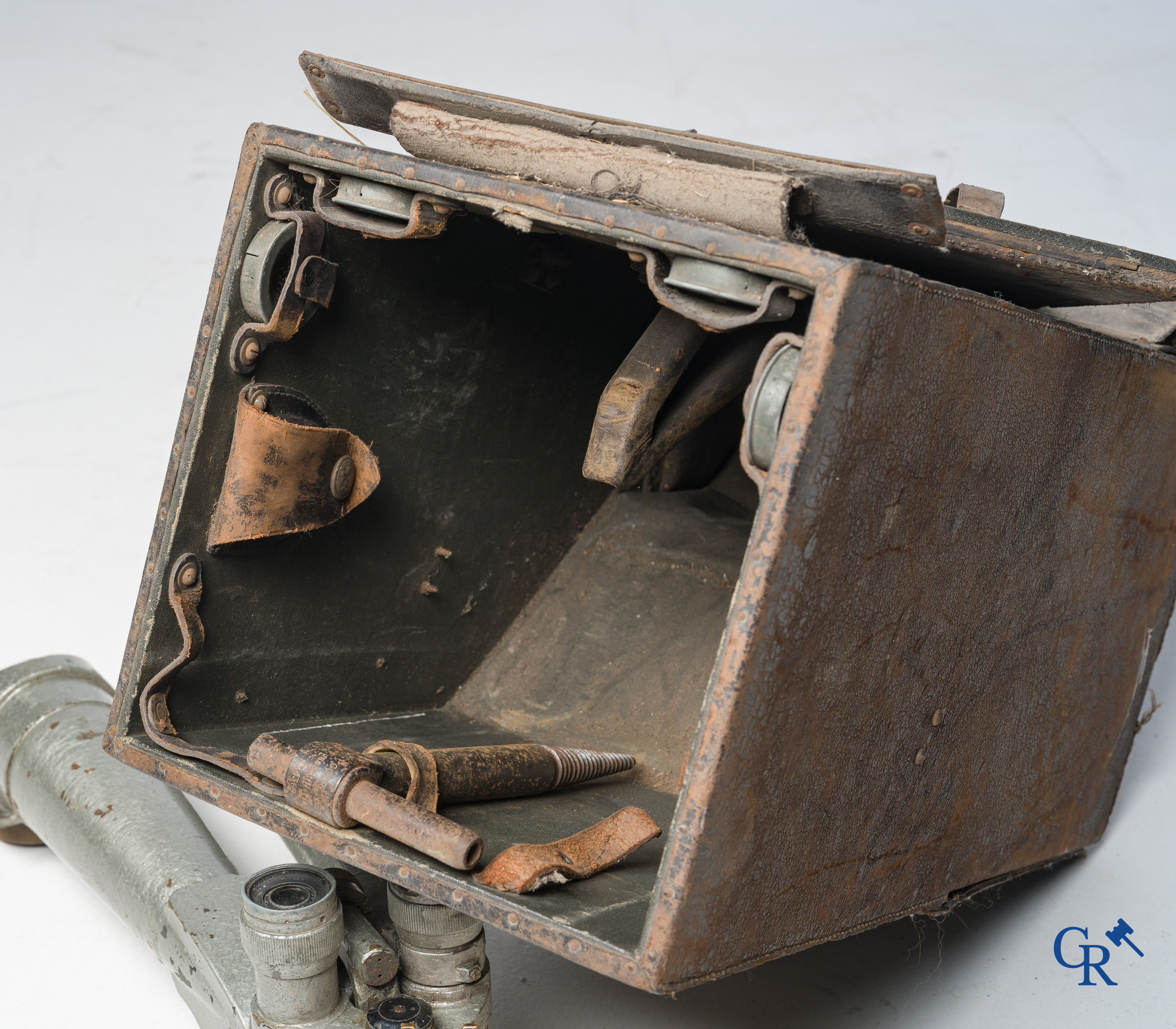 Militaria. German military scissor binoculars or Scherenfernrohr WWI in storage box and a German military document WWII.