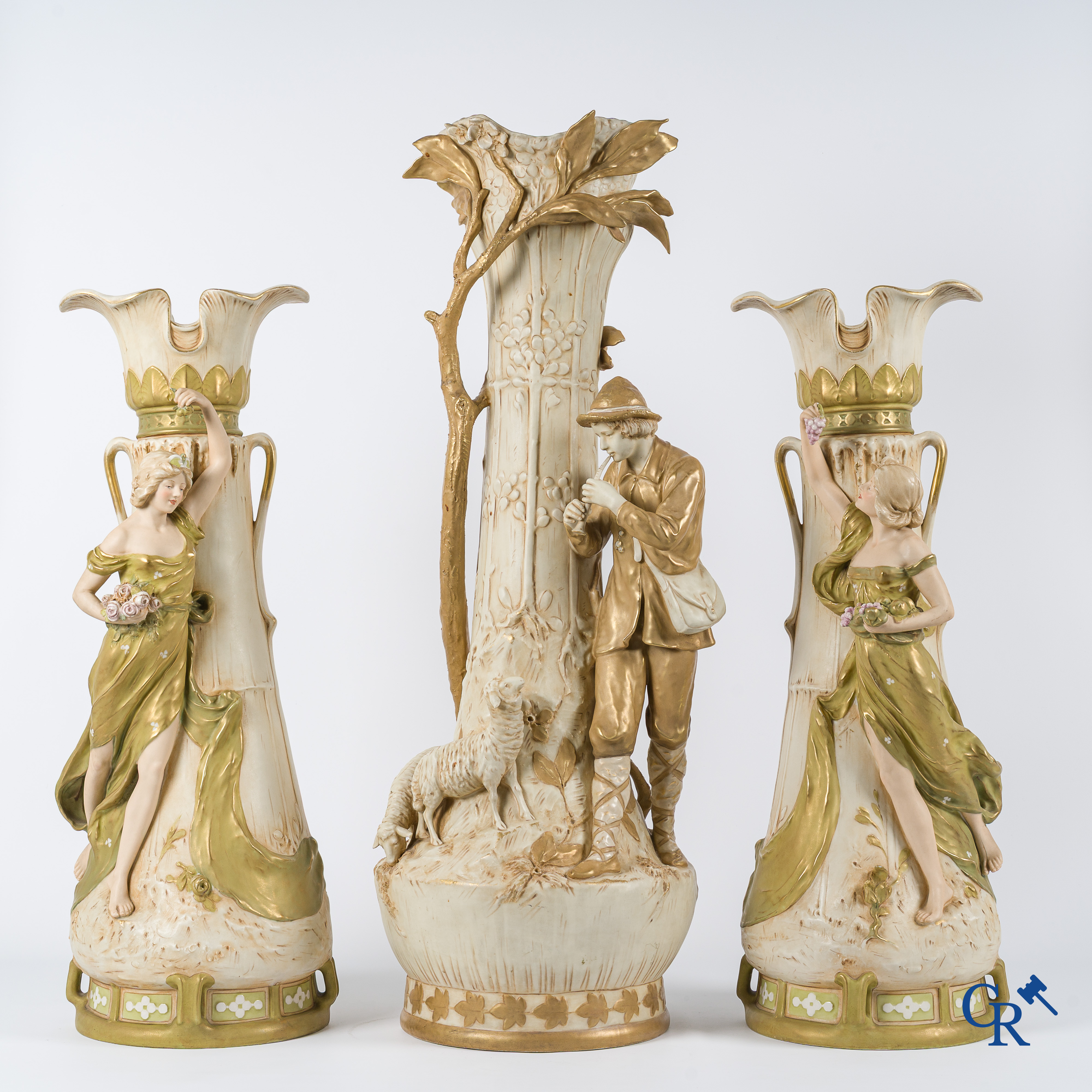 Royal Dux Bohemia. Imposing 3 pair in porcelain. Art Nouveau. Marked. Circa 1900.