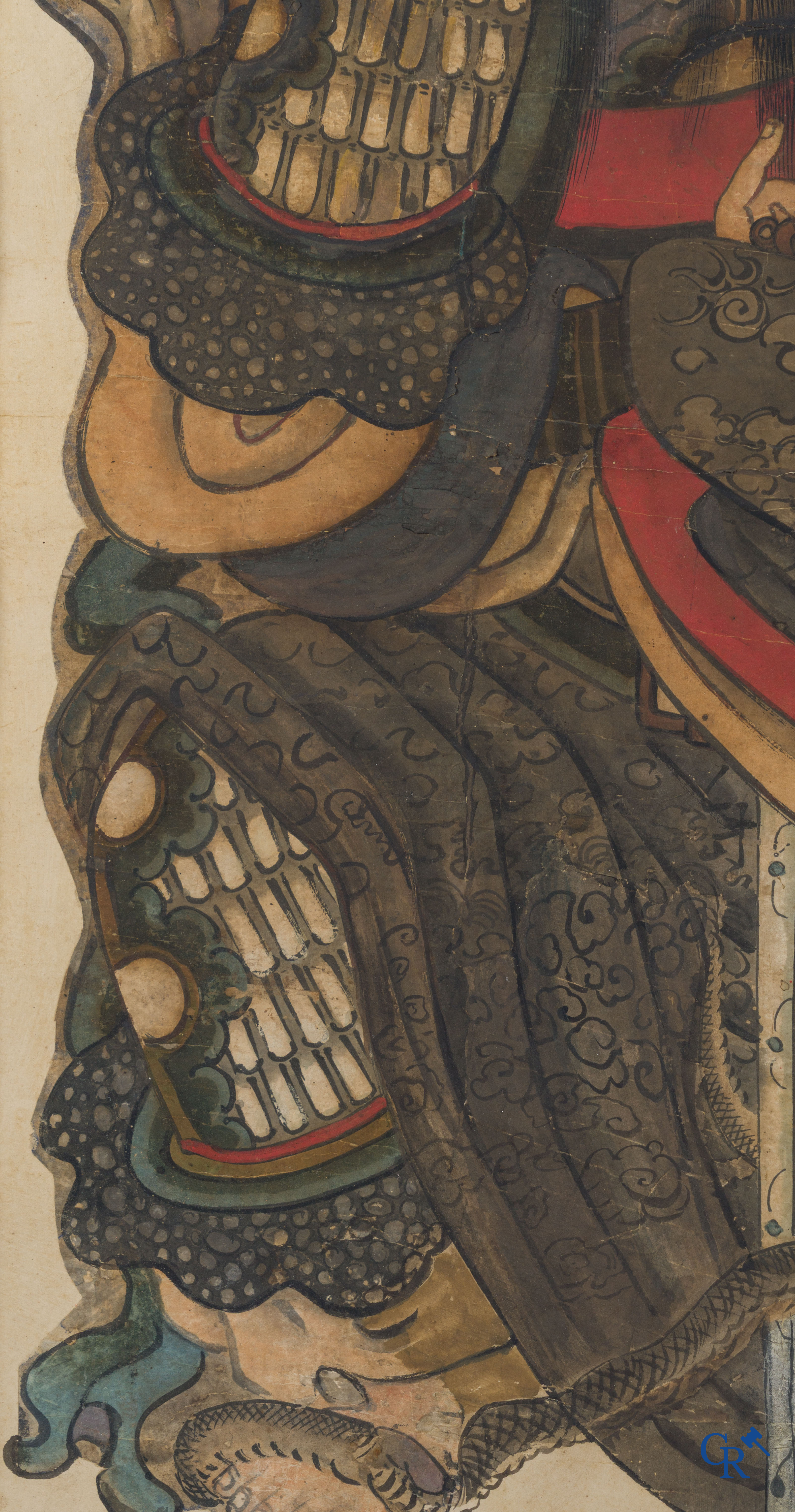 Art Asiatique, école chinoise, représentation de Guan Yu. Encre, huile et couleur sur papier. XVIIe-XVIIIe siècle.