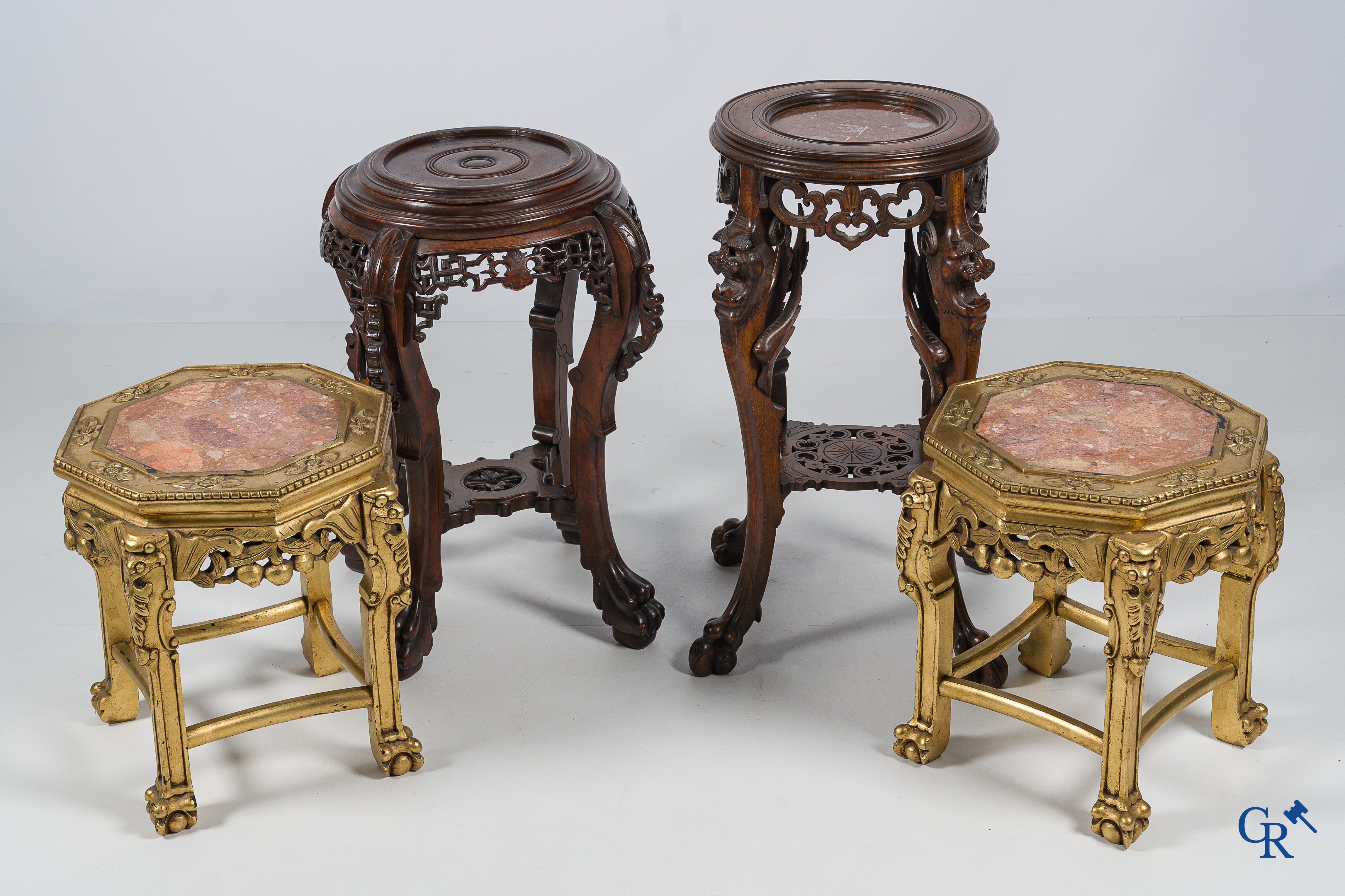 4 Various wood sculpted pedestals, 2 of which with gilding. Circa 1900.