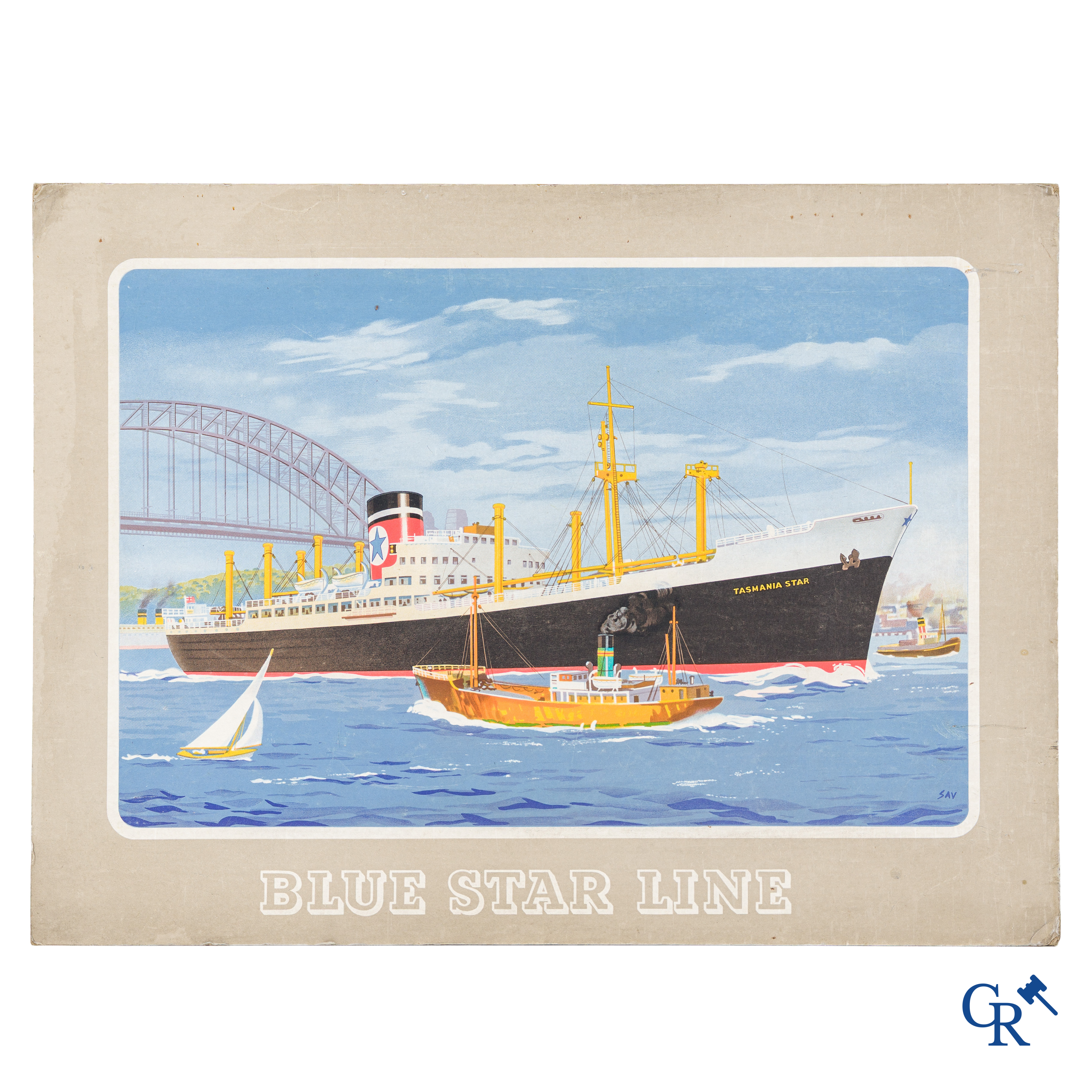 Blue Star Line, Tasmania Star. Advertising printed on hard cardboard. Monogram SAV. 1930's.