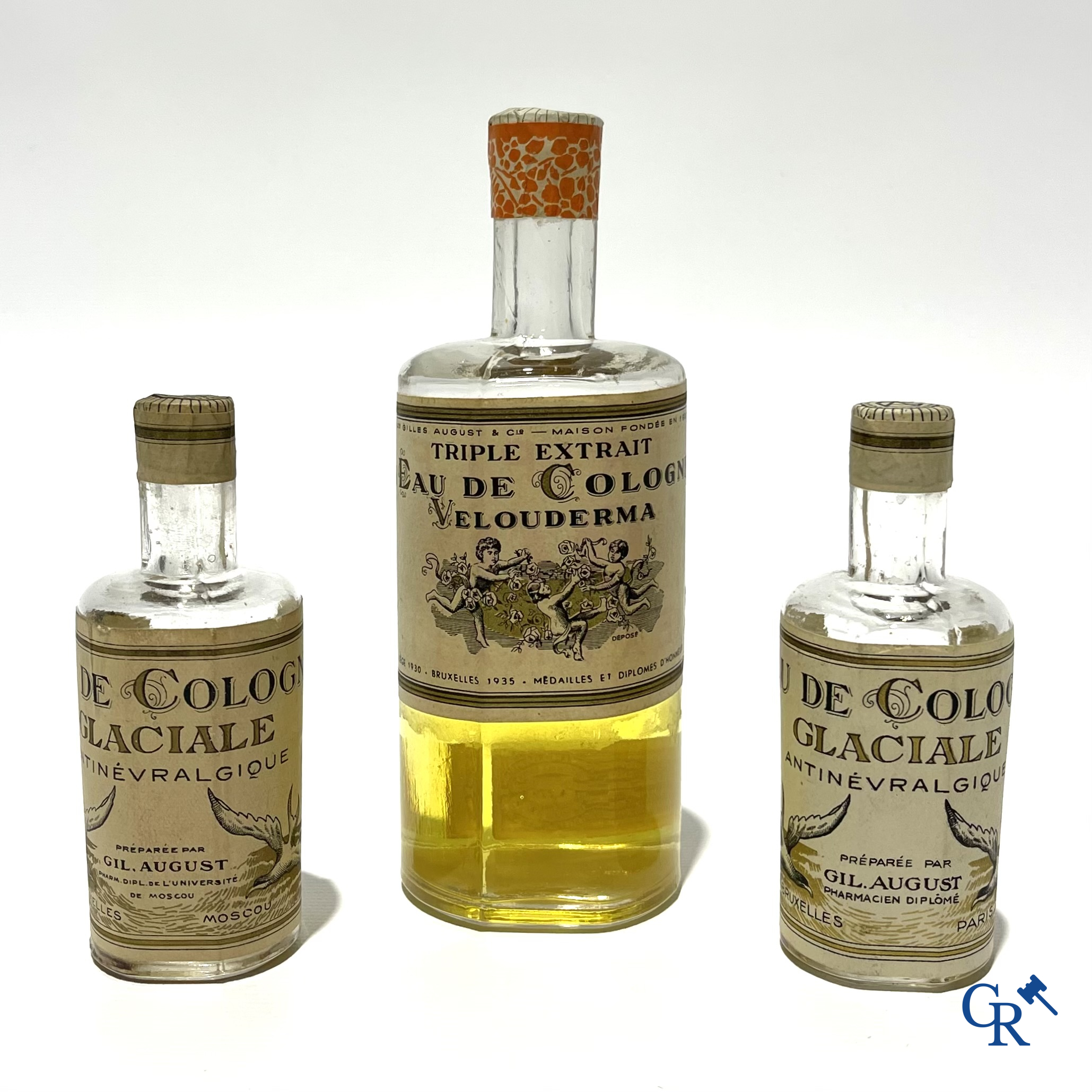 Art Deco, 4 rare Eau de Cologne bottles for Gilles August & Cie including marque Kremlin. 1940's.