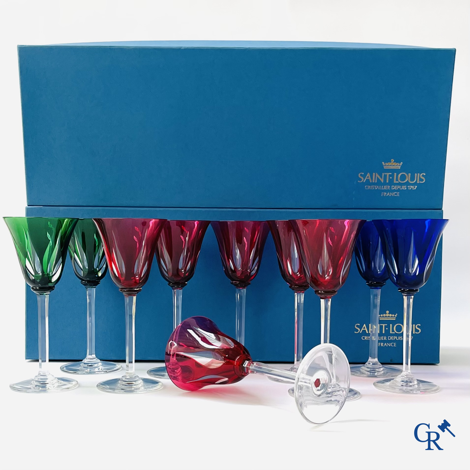 Cristal St. Louis France. A set of 18 coloured and cut glasses in crystal of Saint-Louis. In the original box.