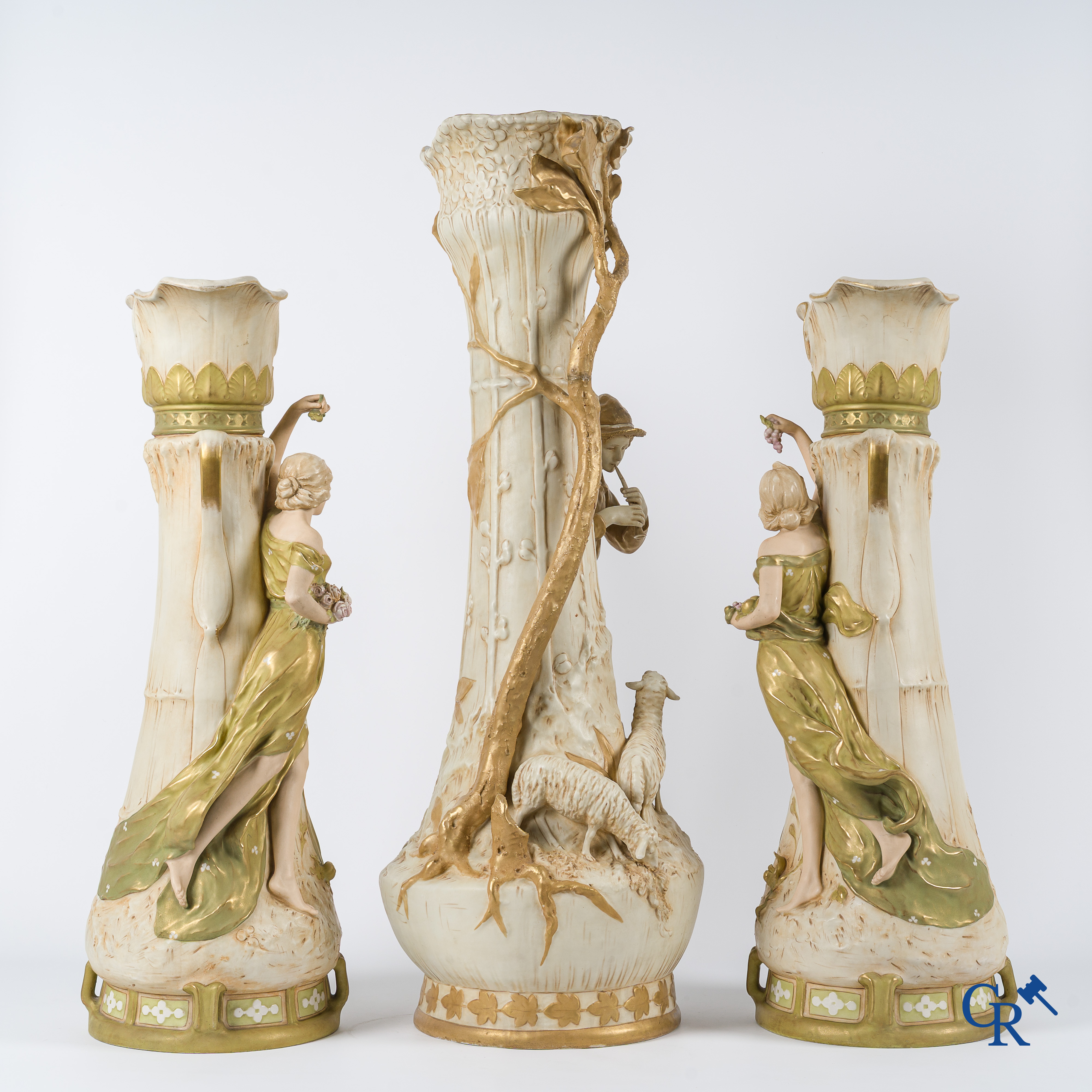 Royal Dux Bohemia. Imposing 3 pair in porcelain. Art Nouveau. Marked. Circa 1900.