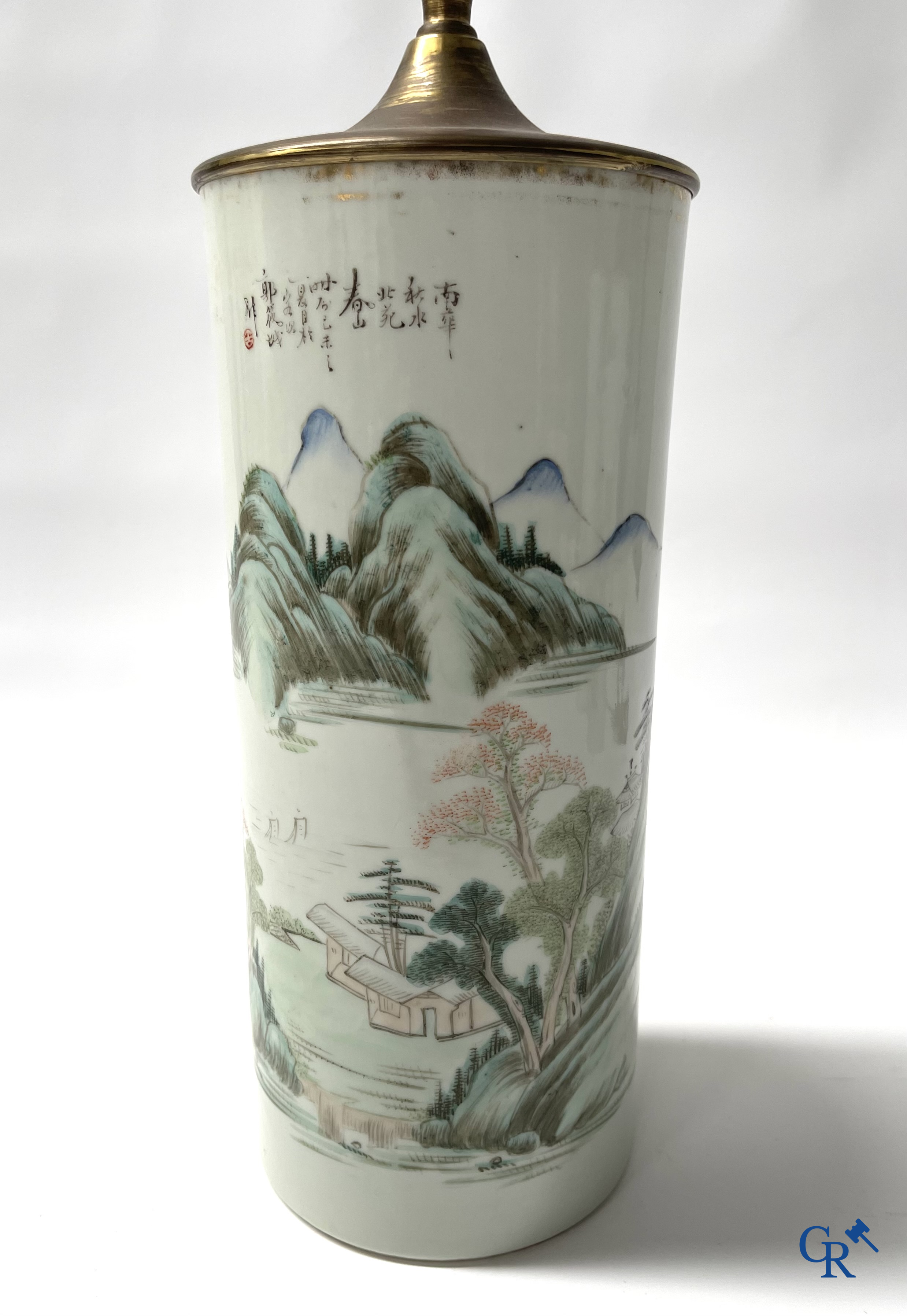 Asian Art, Chinese porcelain. Set of 5 Chinese hat stands of which 4 mounted as a lamp.