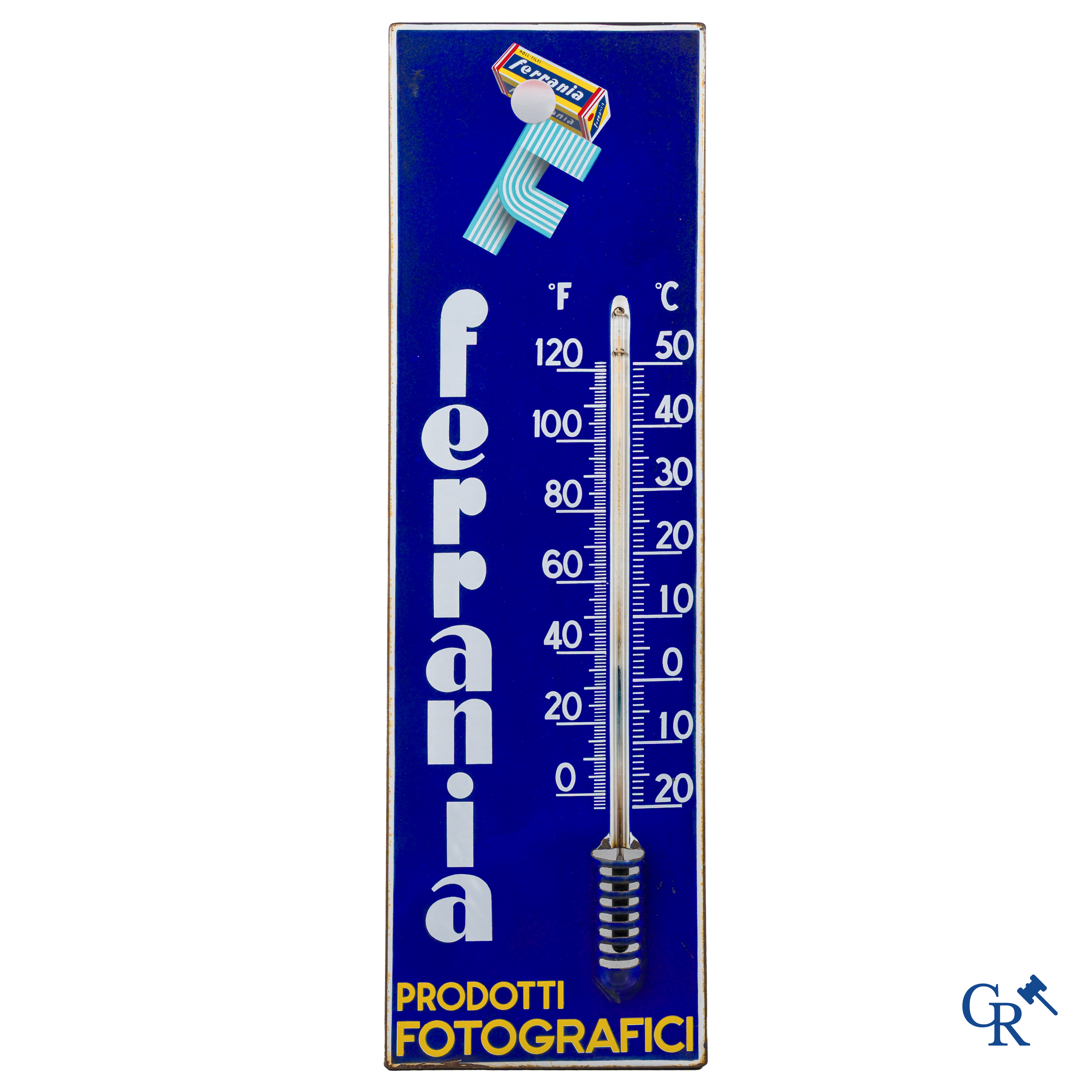 Ferrania. Large enamel advertising sign with integrated thermometer for photographic products.
