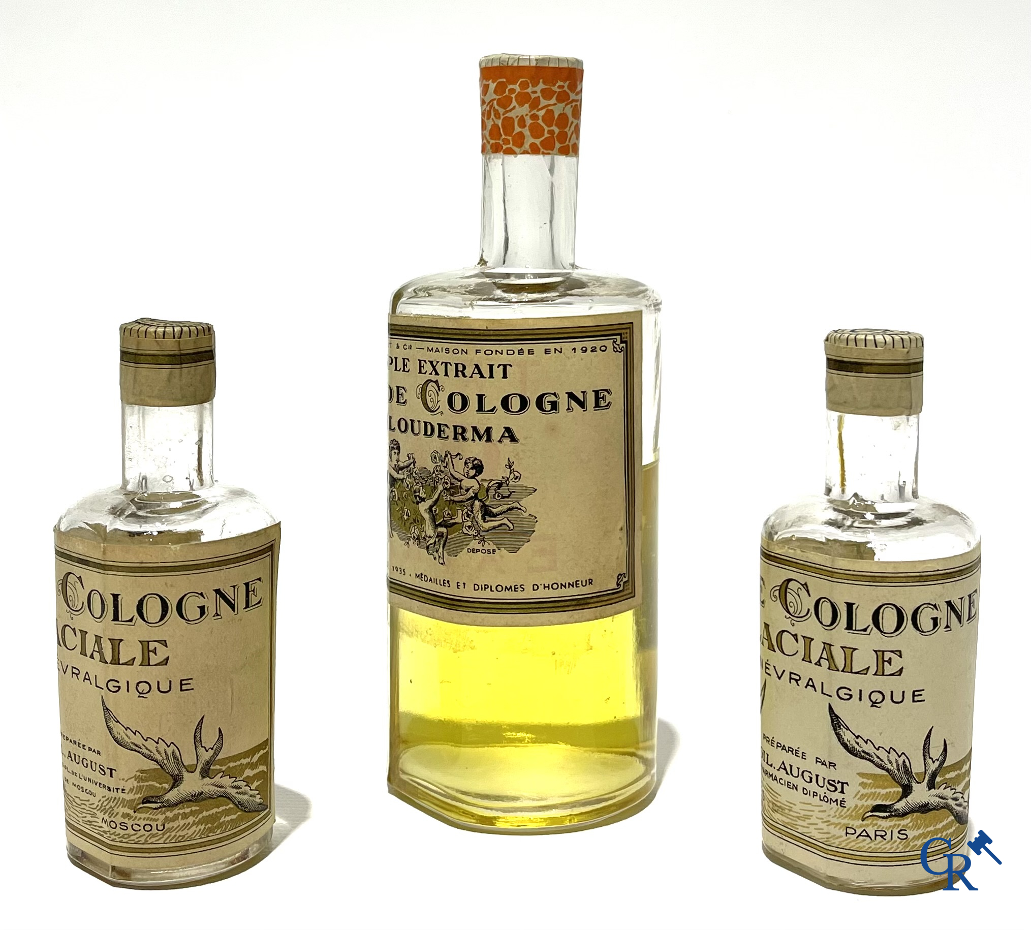 Art Deco, 4 rare Eau de Cologne bottles for Gilles August & Cie including marque Kremlin. 1940's.