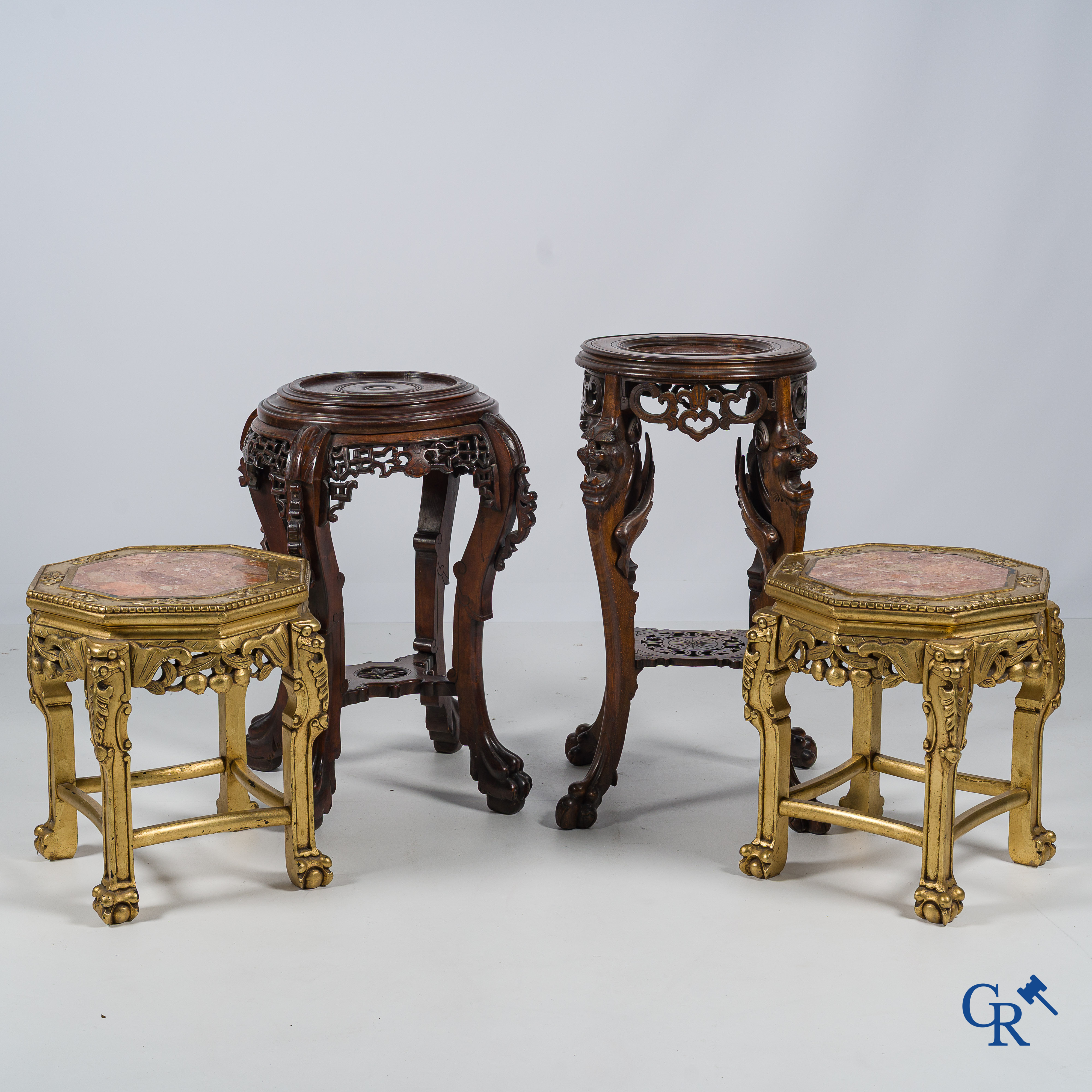 4 Various wood sculpted pedestals, 2 of which with gilding. Circa 1900.