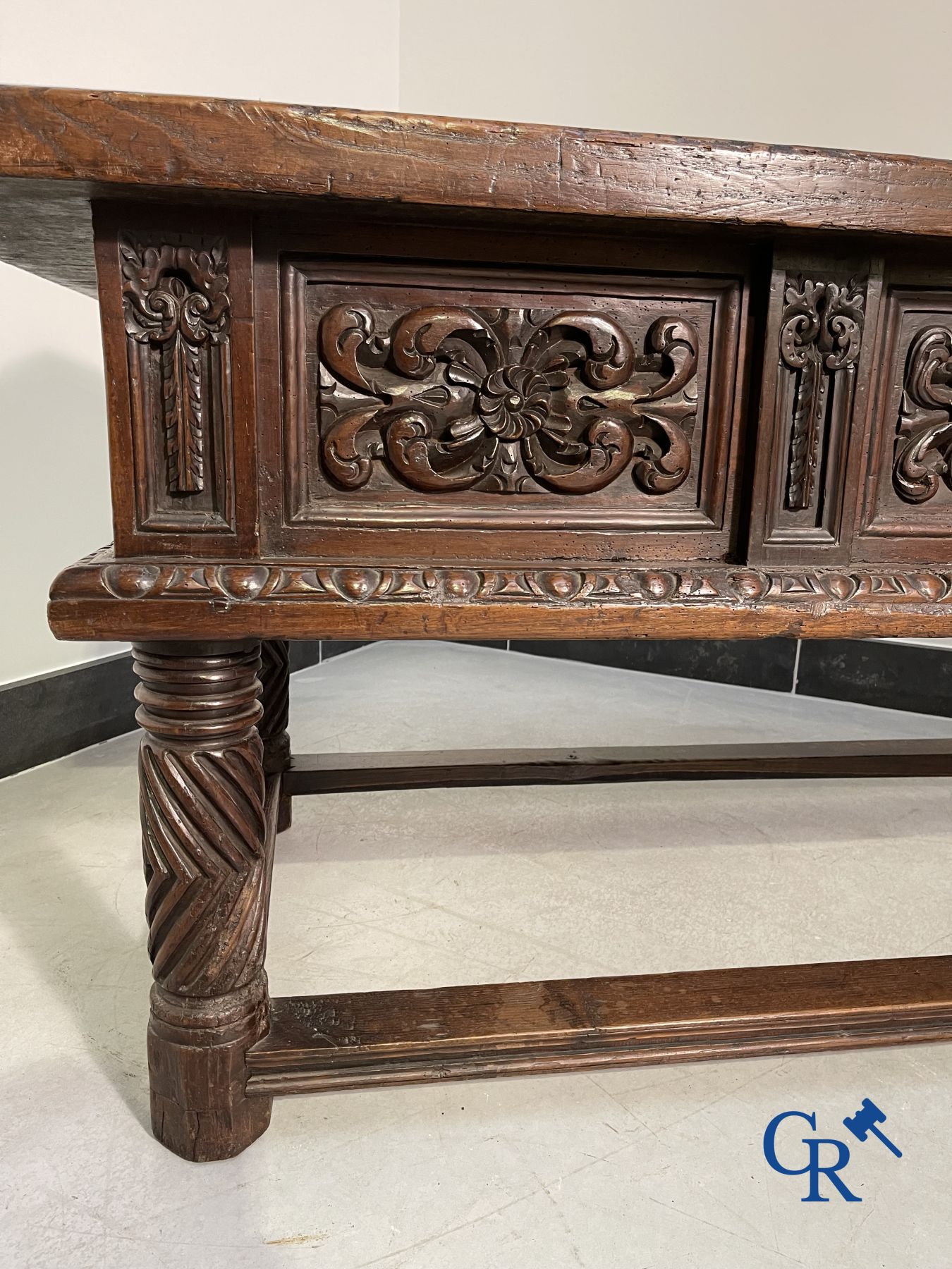 Furniture: 17th century carved walnut table with 3 drawers.