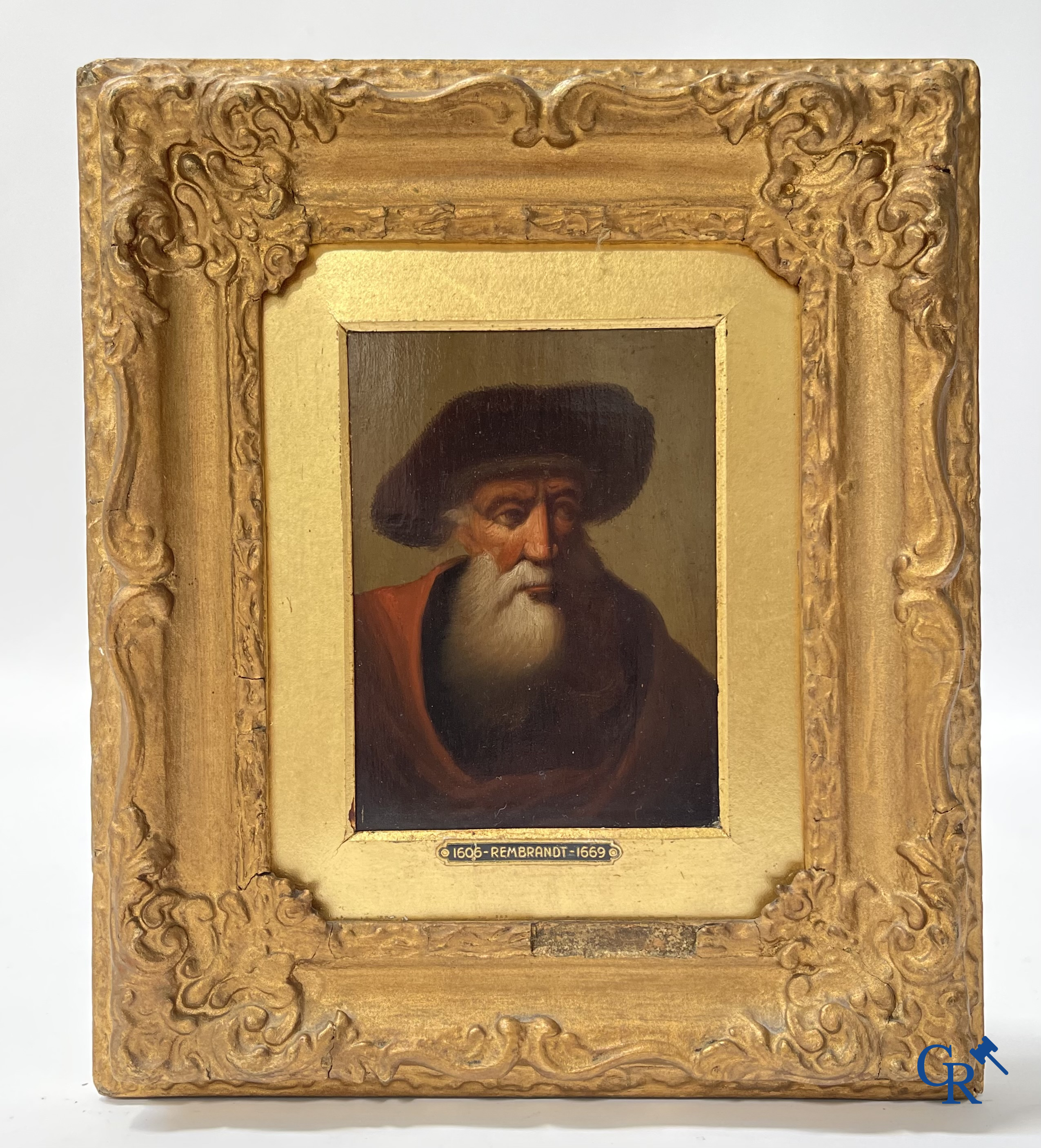 Une paire de portraits d'après Rembrandt Van Rijn, huile sur panneau, On y joint 2 dessins à la plume. XIXème siècle.