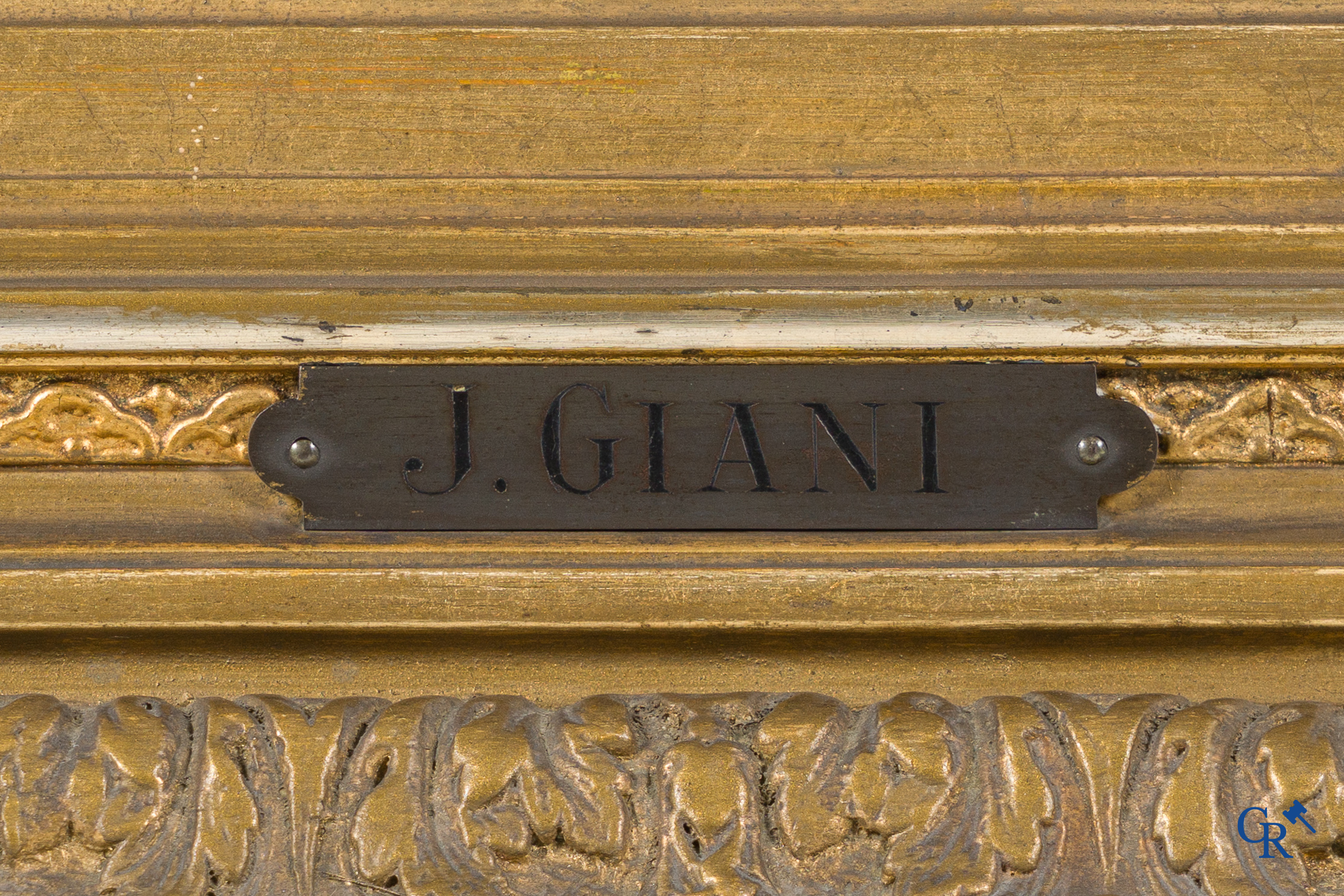 J. Giani, paysage hivernal avec des personnages. Huile sur toile dans un beau cadre doré. Signé en bas à gauche. Vers 1900.