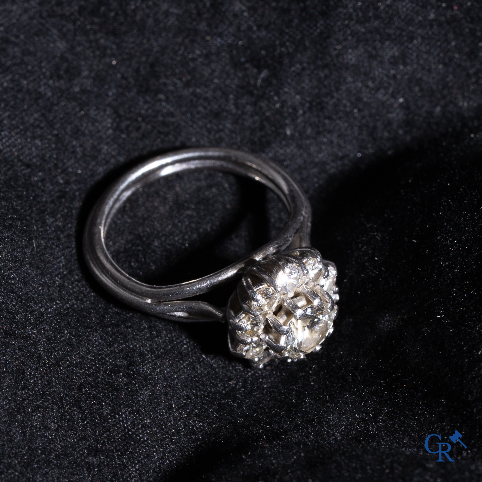 Juwelen: Een damesring in witgoud 18K (750°/00) met een centrale diamant van 0,5 ct omringd door 10 kleine diamantjes.