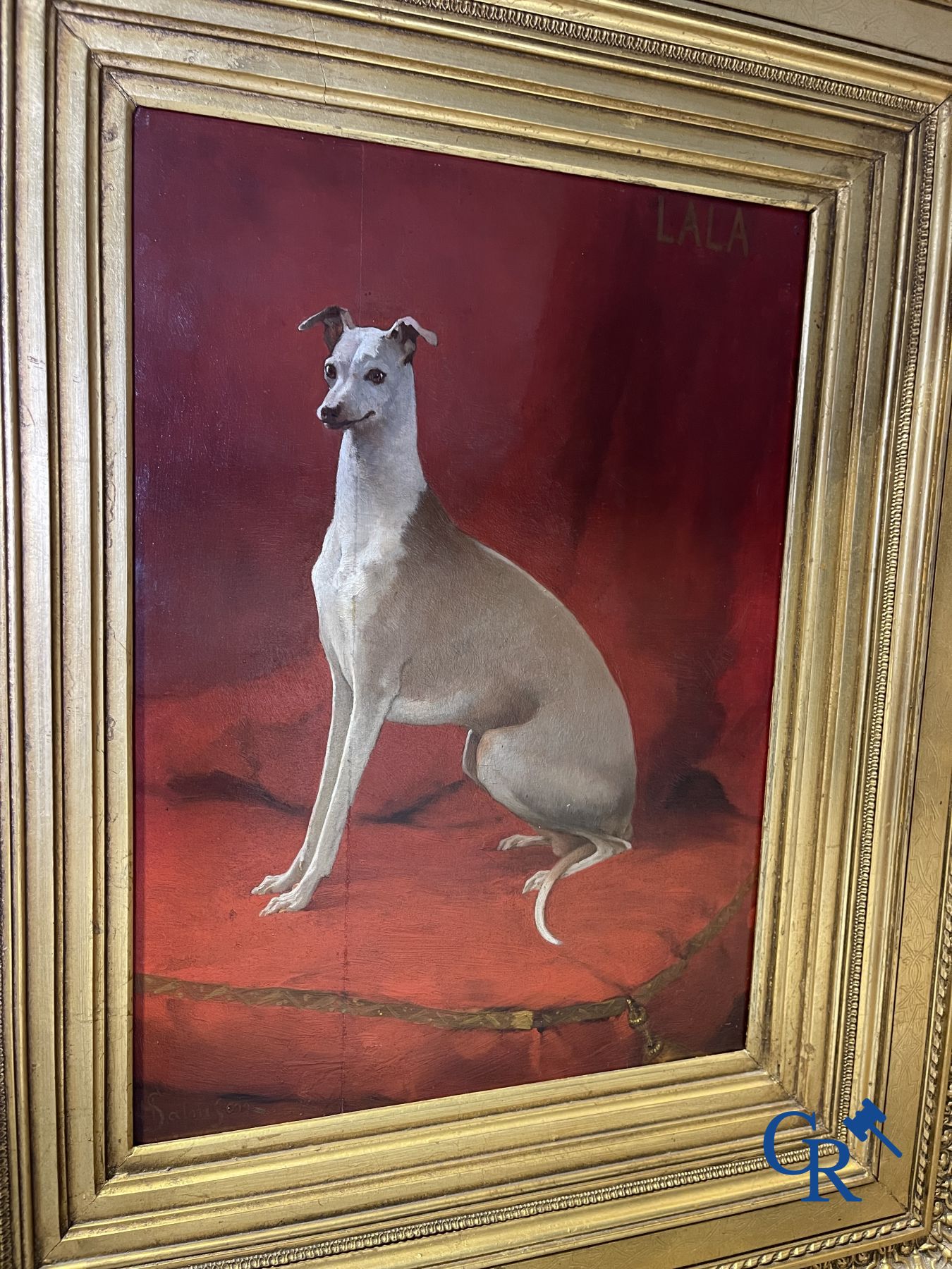 Painting: Hugo Frederik Salmson (1843-1894) oil on panel. "Lala" Portrait of a whippet.