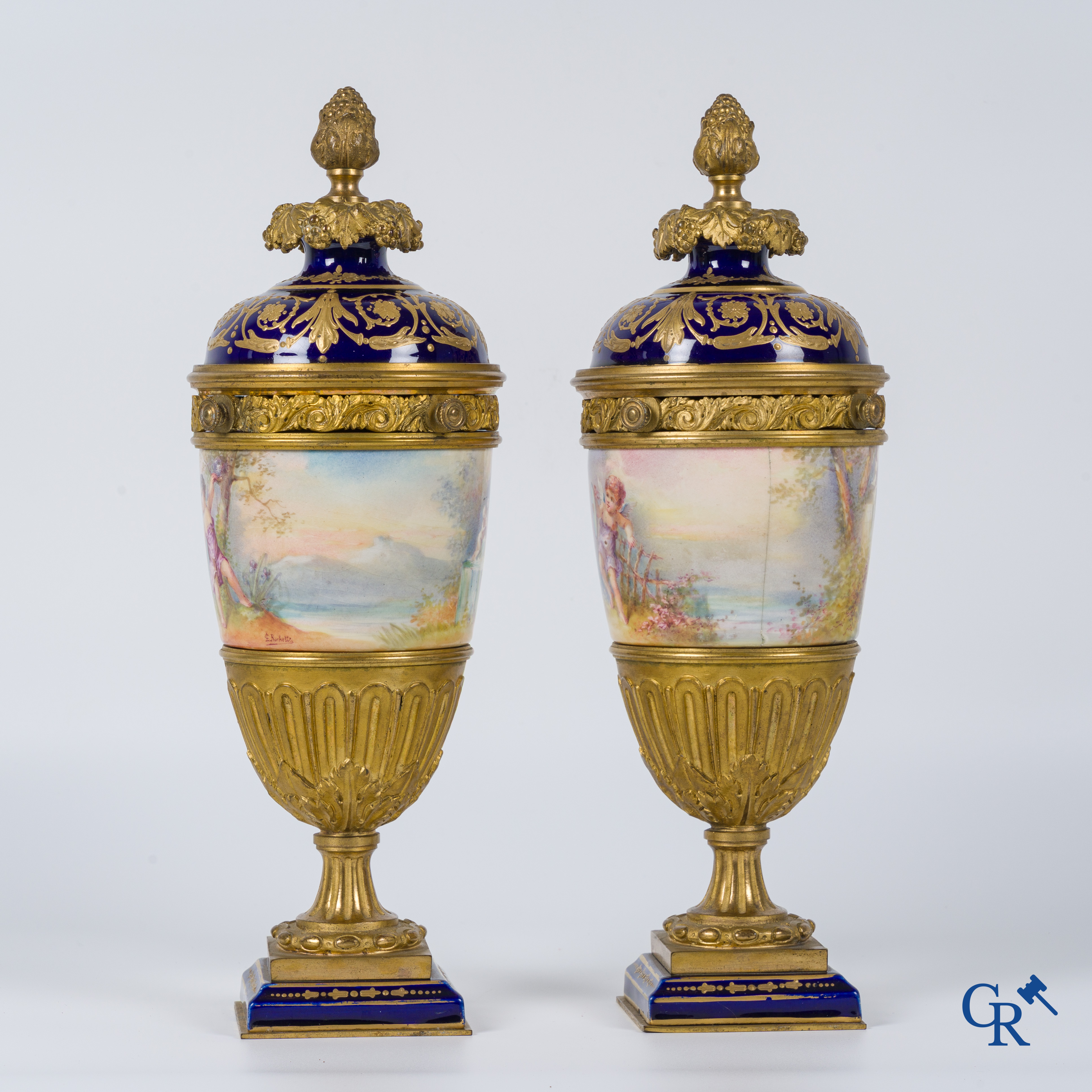 Porcelain: Sèvres: Pair of bronze mounted vases in Sèvres porcelain. Napoleon III period.