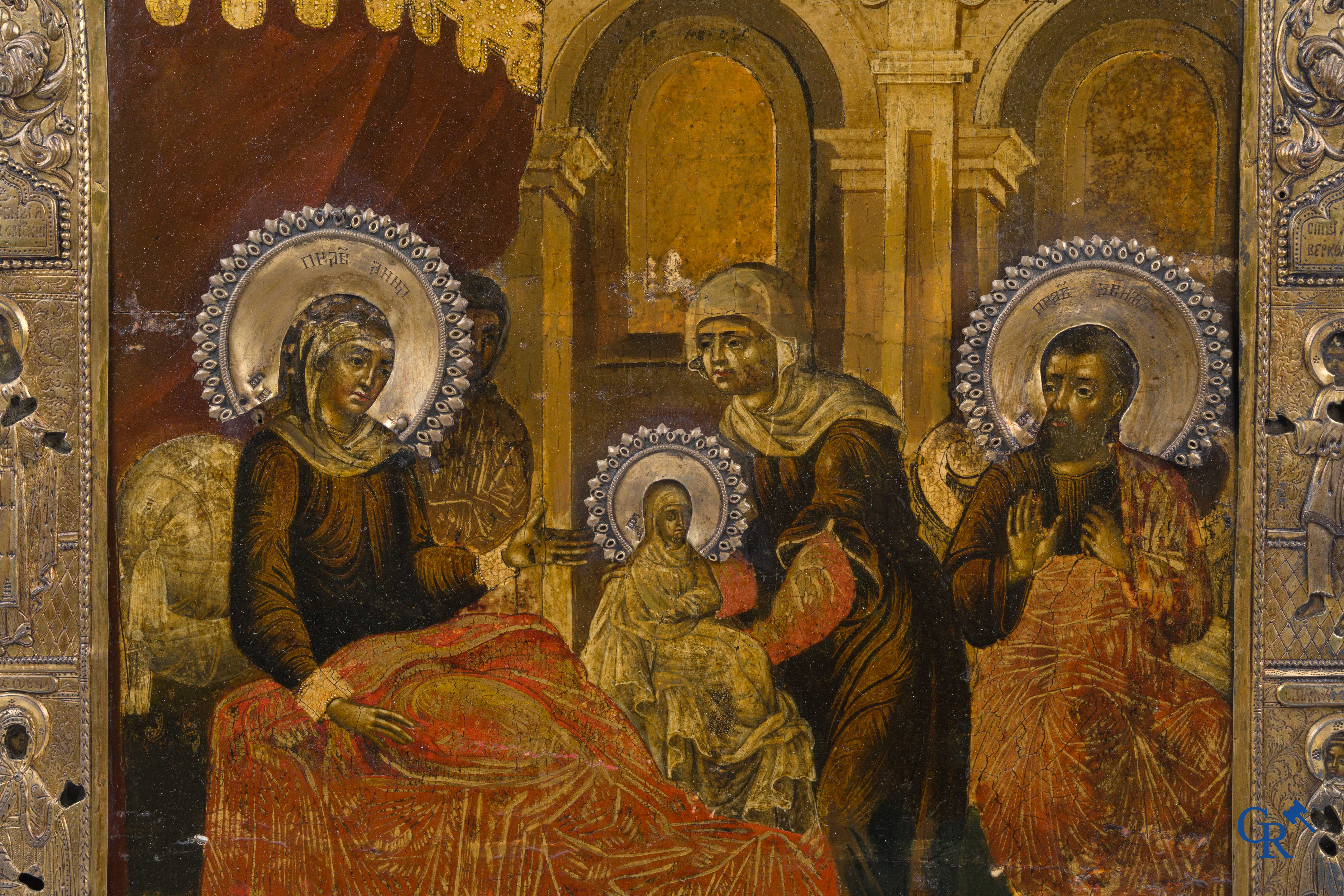 Russisch werk. De geboorte van Jezus. Grote Russische icoon met zilver oklad. Zilvergehalte 84 en gedateerd 1883.