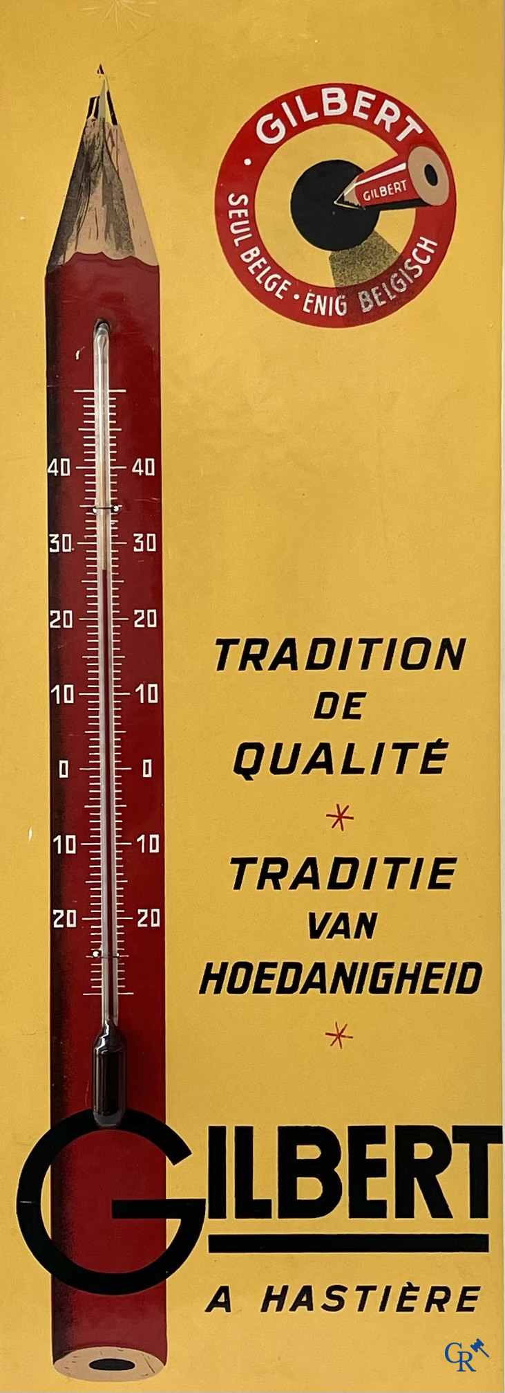 Emaille reclameborden, Publiciteits thermometer voor potlood fabrikant Gilbert à Hastière (Namen) Foremail 1953.