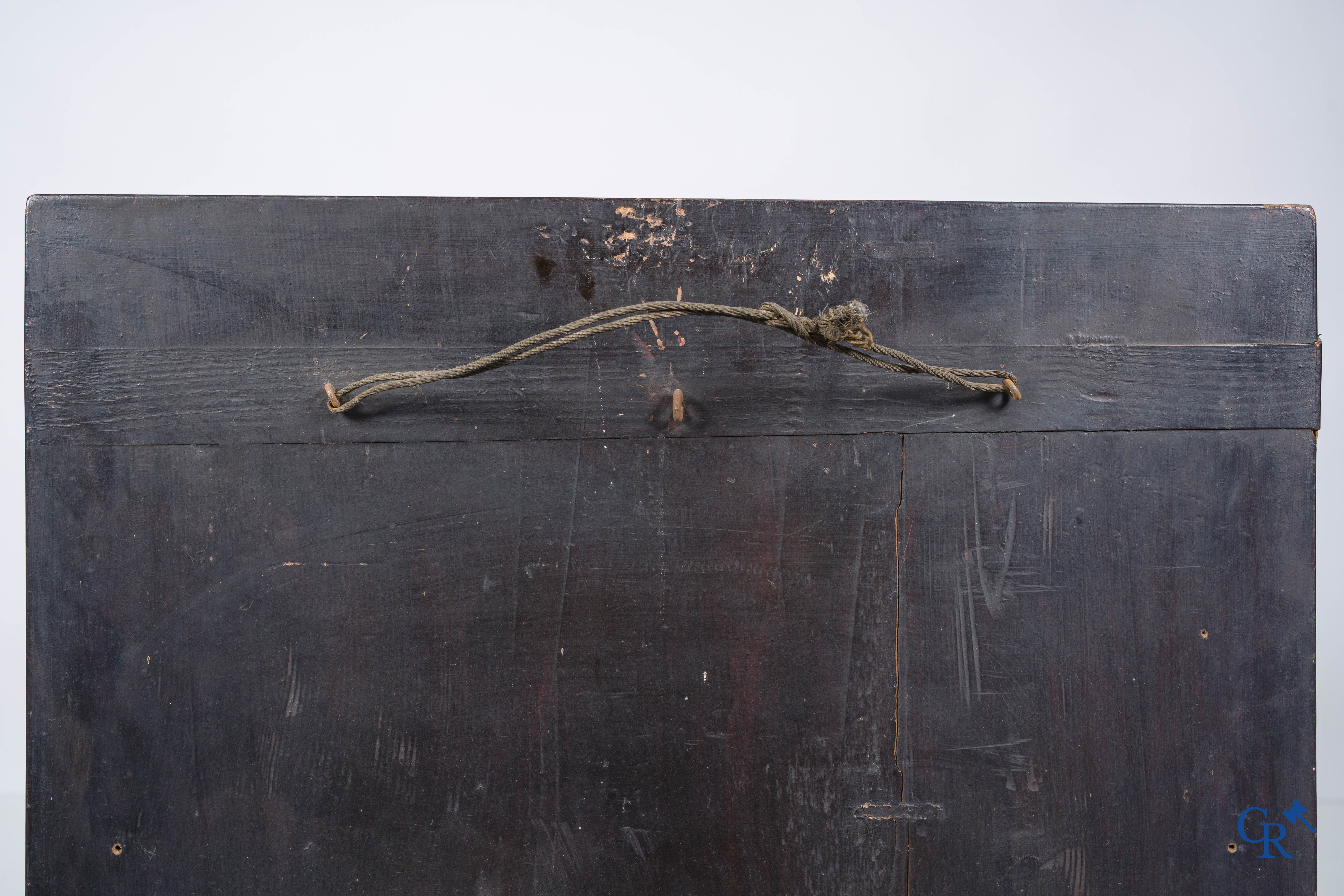 Aziatica, een groot houten paneel met lakwerk en inlegwerk. Bloemen en vlinder decor. 19e eeuw.