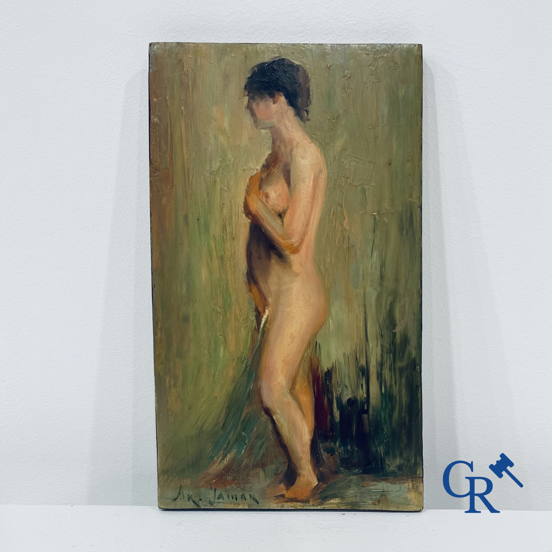 Armand Jamar: Etude d'une femme debout nue. Huile sur panneau.