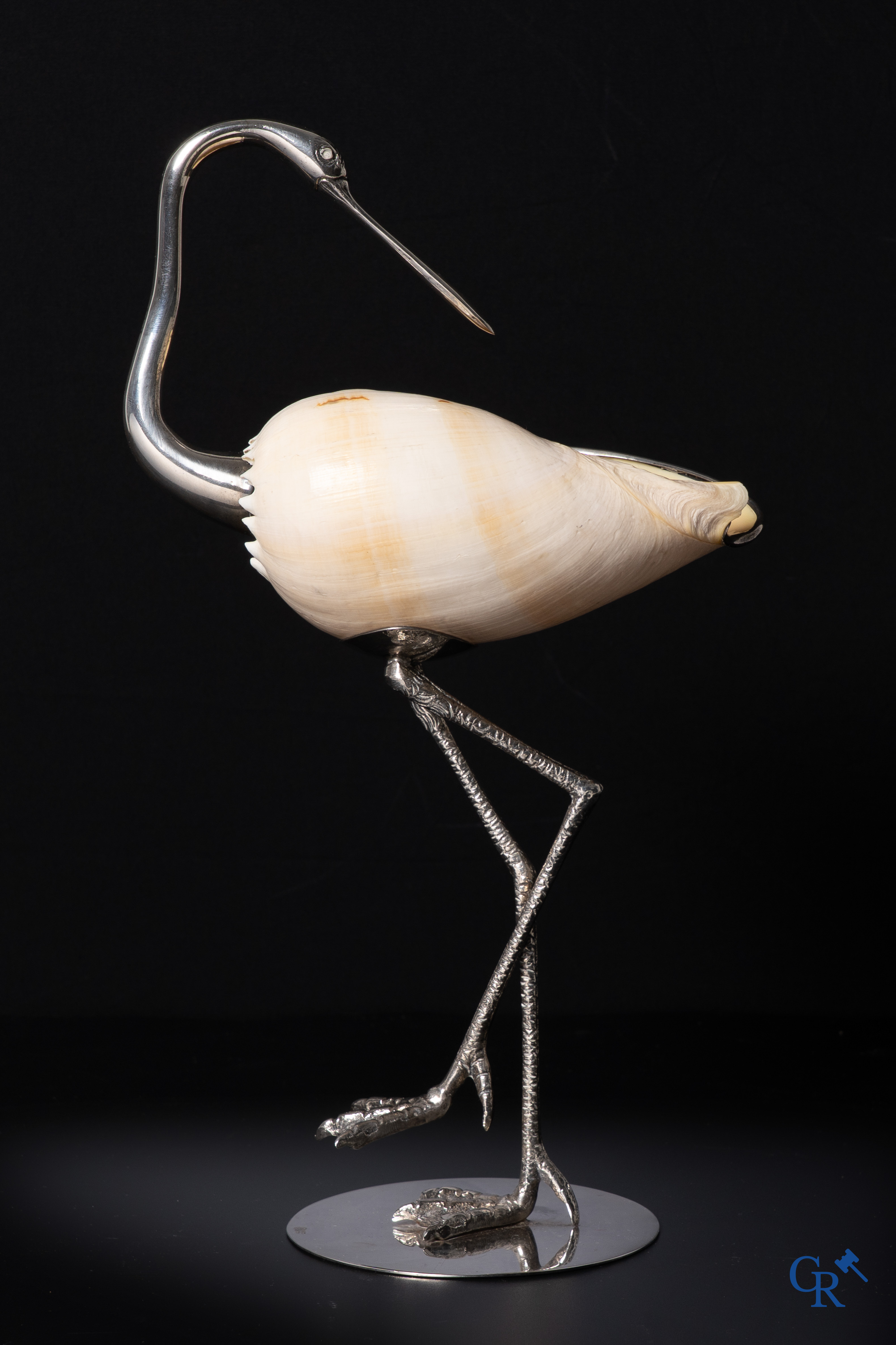 Gabriella Binazzi, Circa 1970, decorative silver-plated bird mounted with a shell. Signed Binazzi Italy.