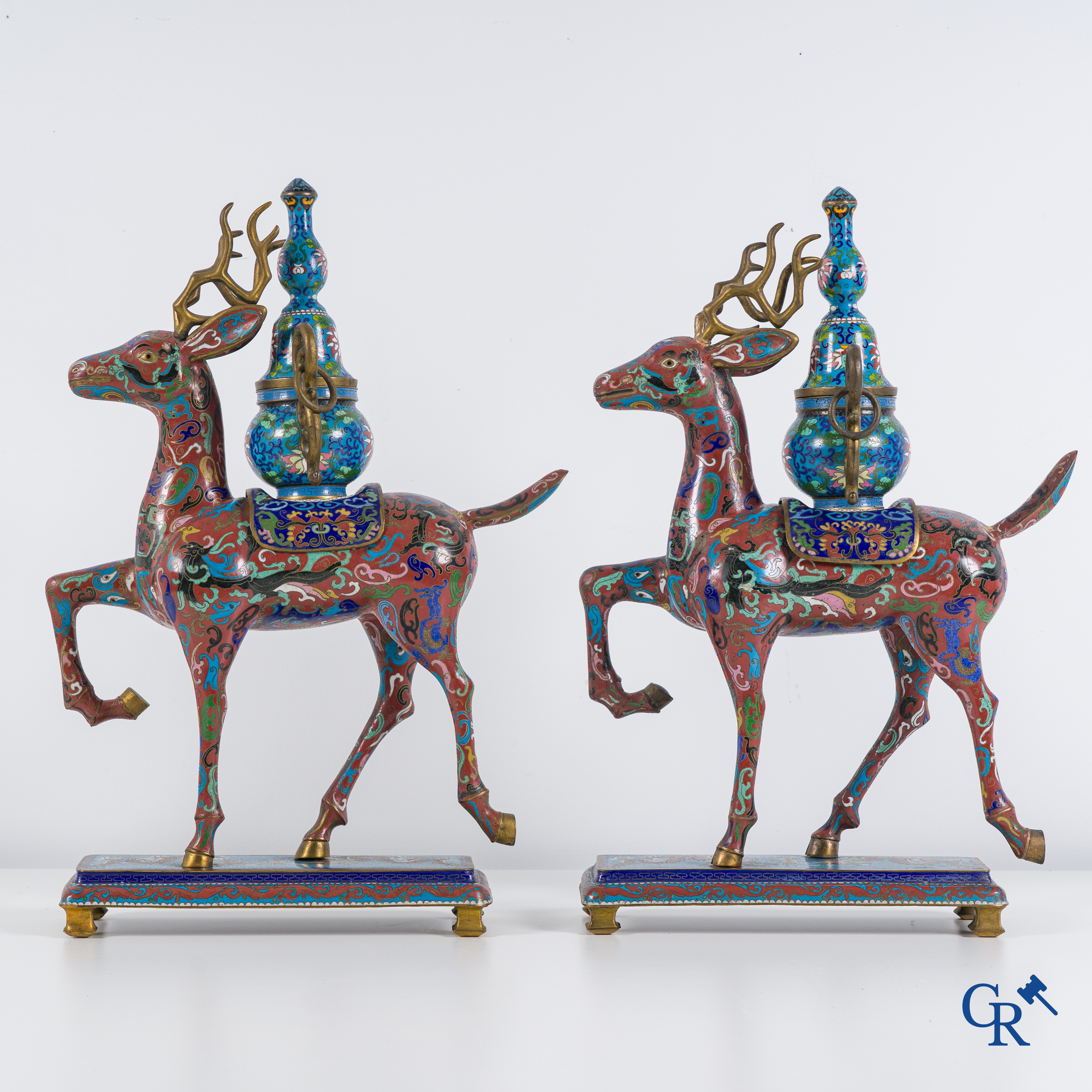 Asian Art: A pair of Chinese cloisonné incense burners in the shape of deer. China, 19th-20th century.