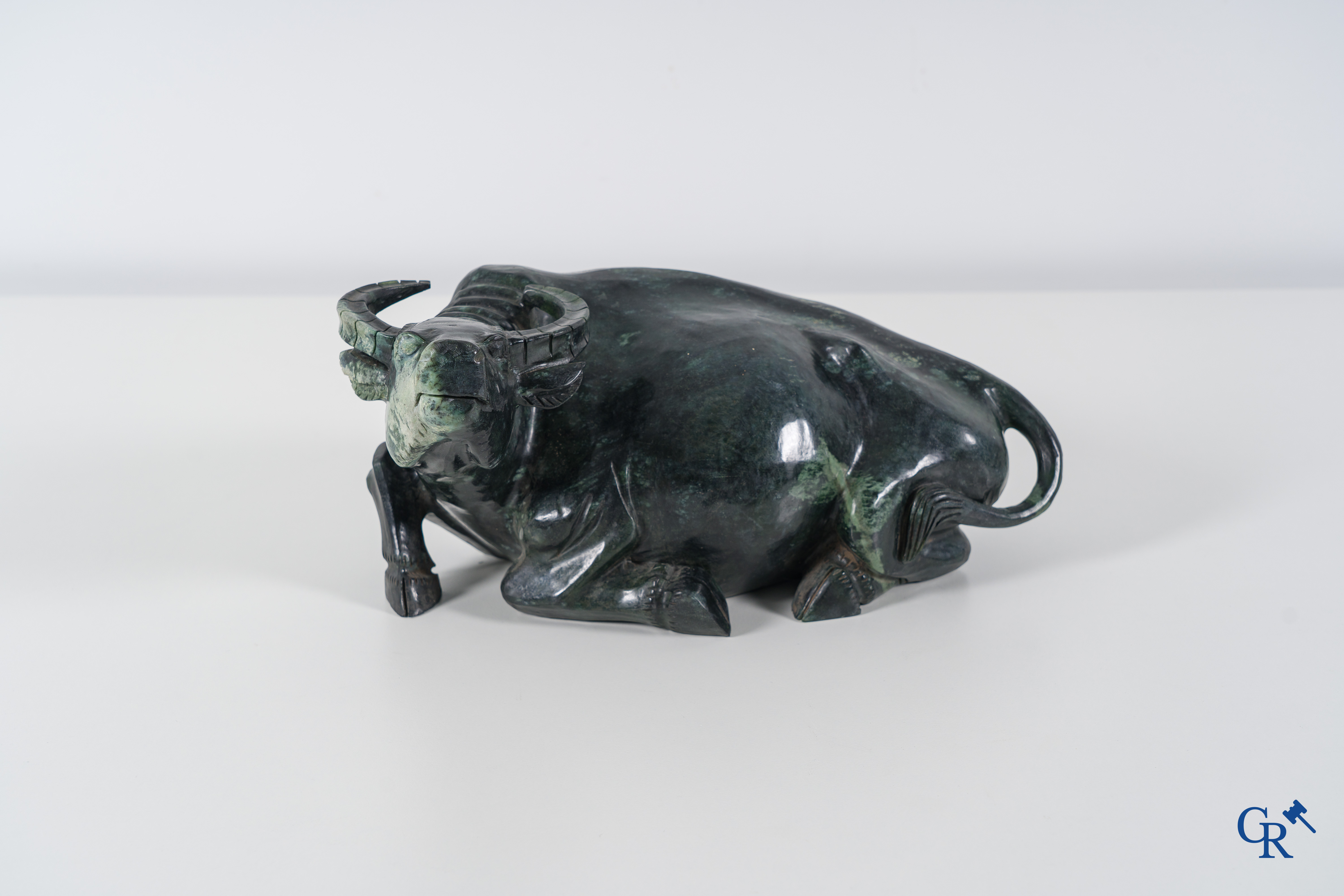 Asian Art: A Chinese water buffalo and a standing Guanyin in Jadeite. 2nd half of the 20th century.