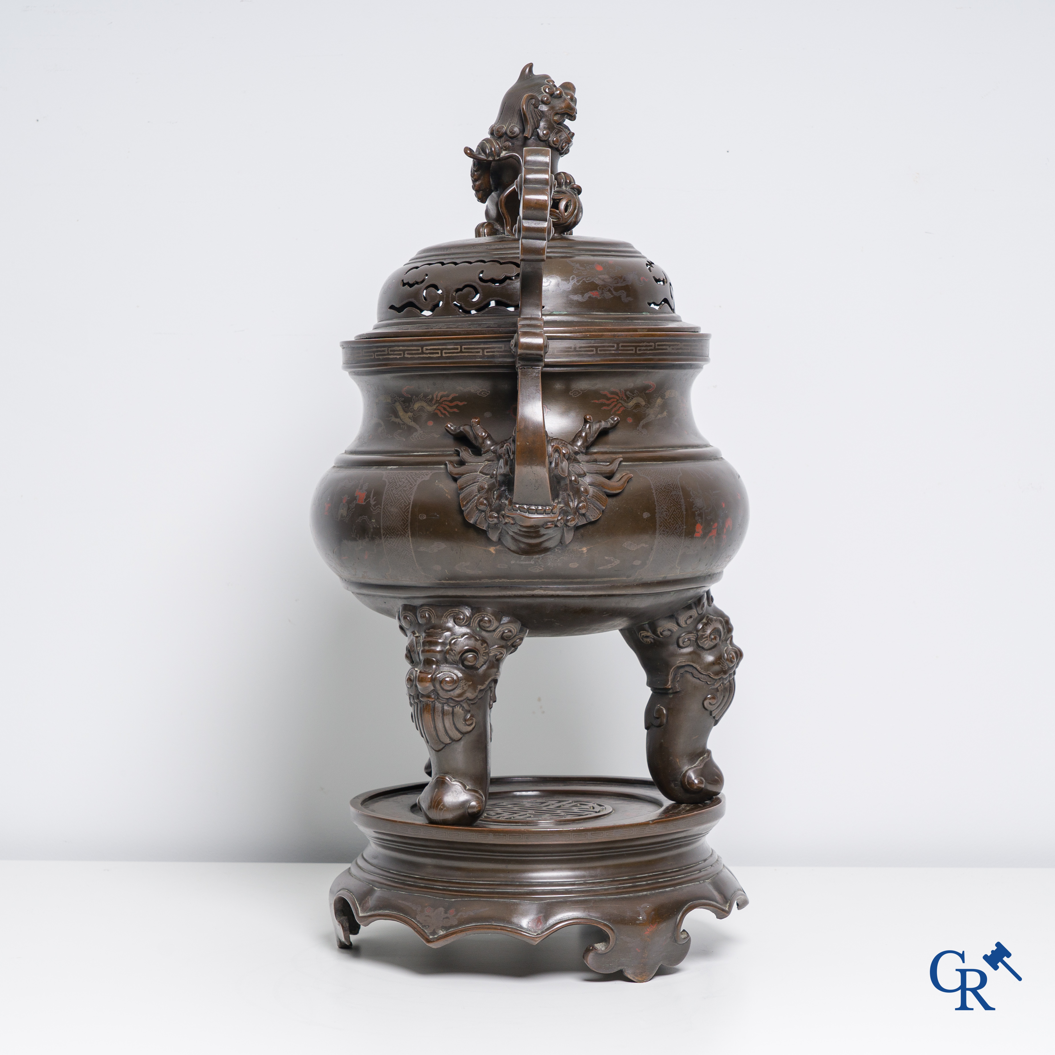 Asian Art: An impressive 3-piece Chinese bronze brûle perfume with silver and copper inlay for the Vietnamese market.