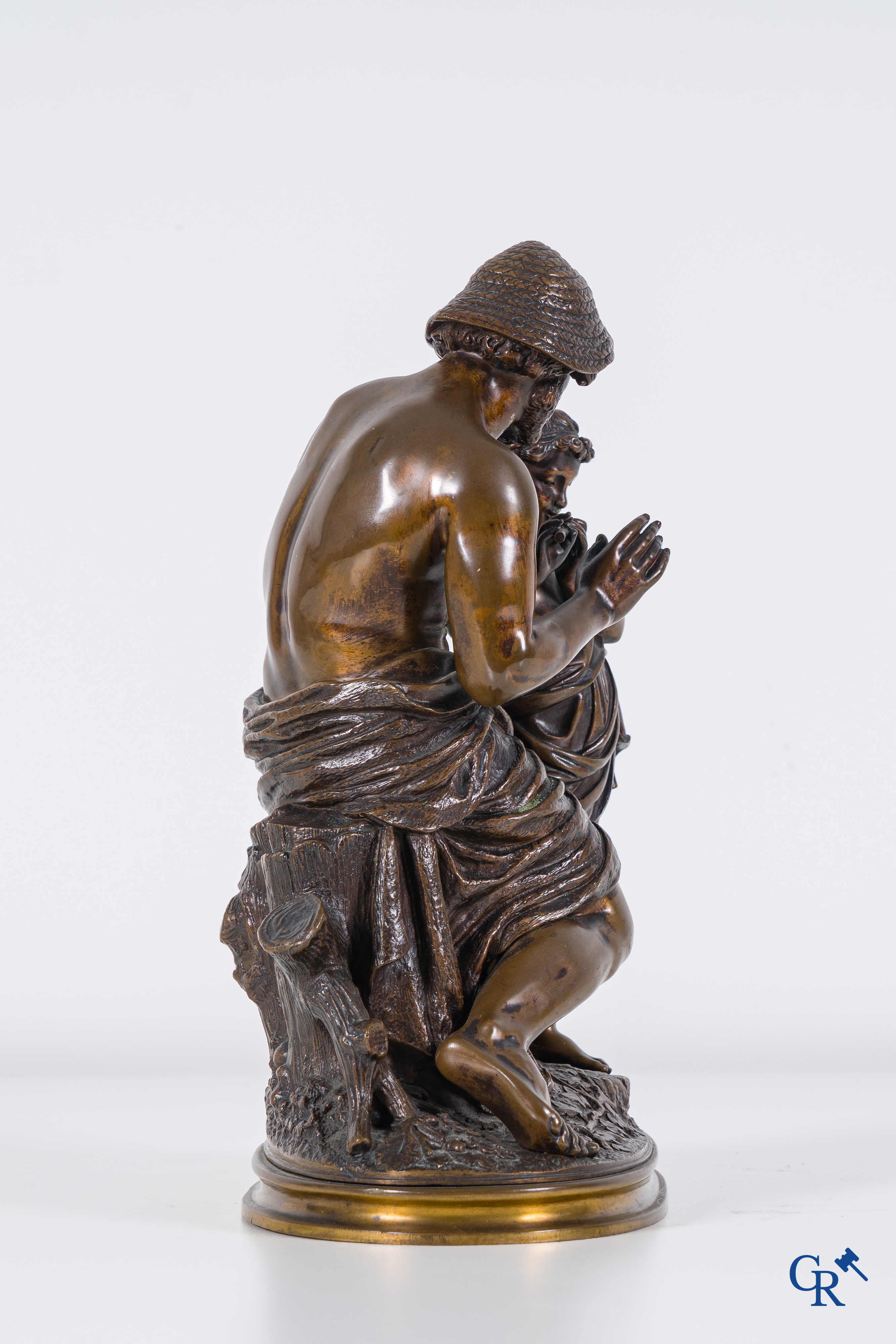 Théodore Coinchon: bronze statue of shepherd with child. Signed and marked with foundry stamp Susse fondeur.