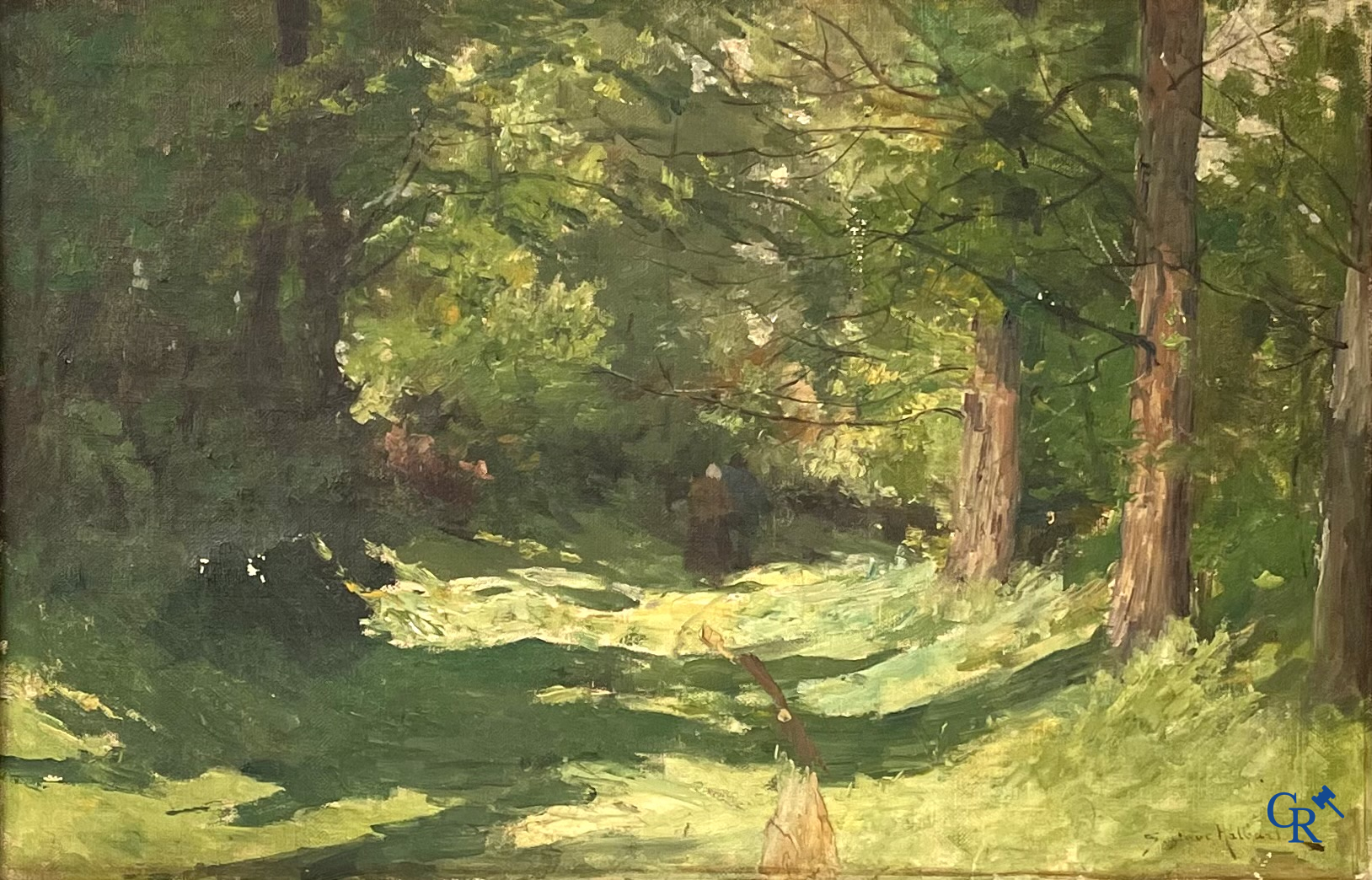 Gustave Halbart (1846-1913) Chemin dans la forêt avec des personnages. Peinture, huile sur toile dans un important cadre. Signé en bas à droite.