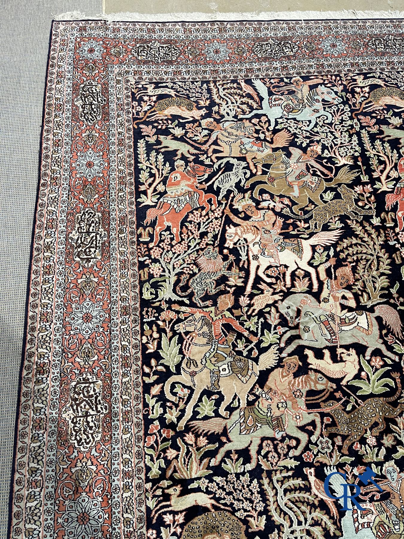 Carpets: Ghoum: Large silk carpet with hunting scenes. Wool and silk.