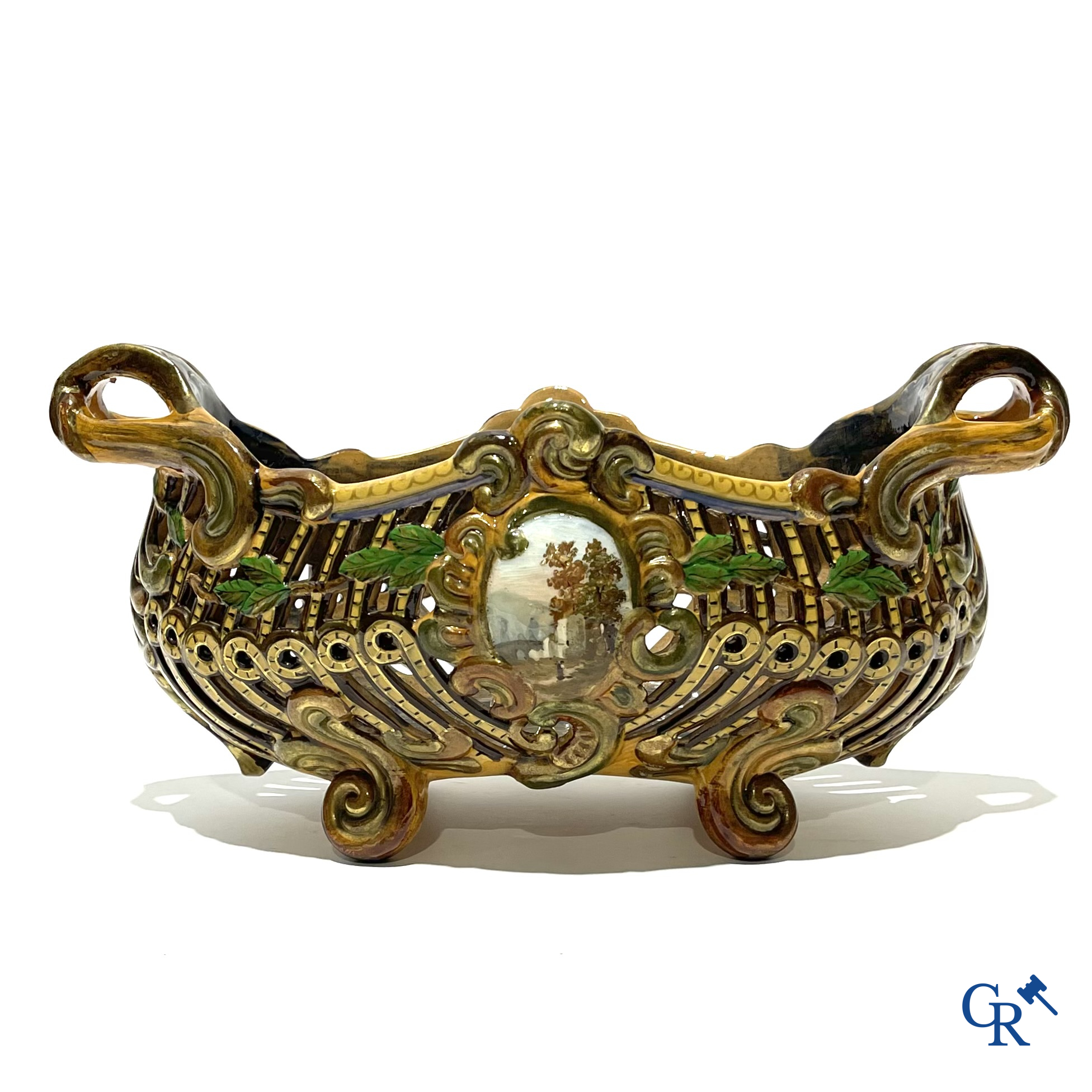 Emile Gallé Nancy, groot tafelmiddenstuk in geëmailleerde faience. Gesigneerd Gallé Nancy deposé.