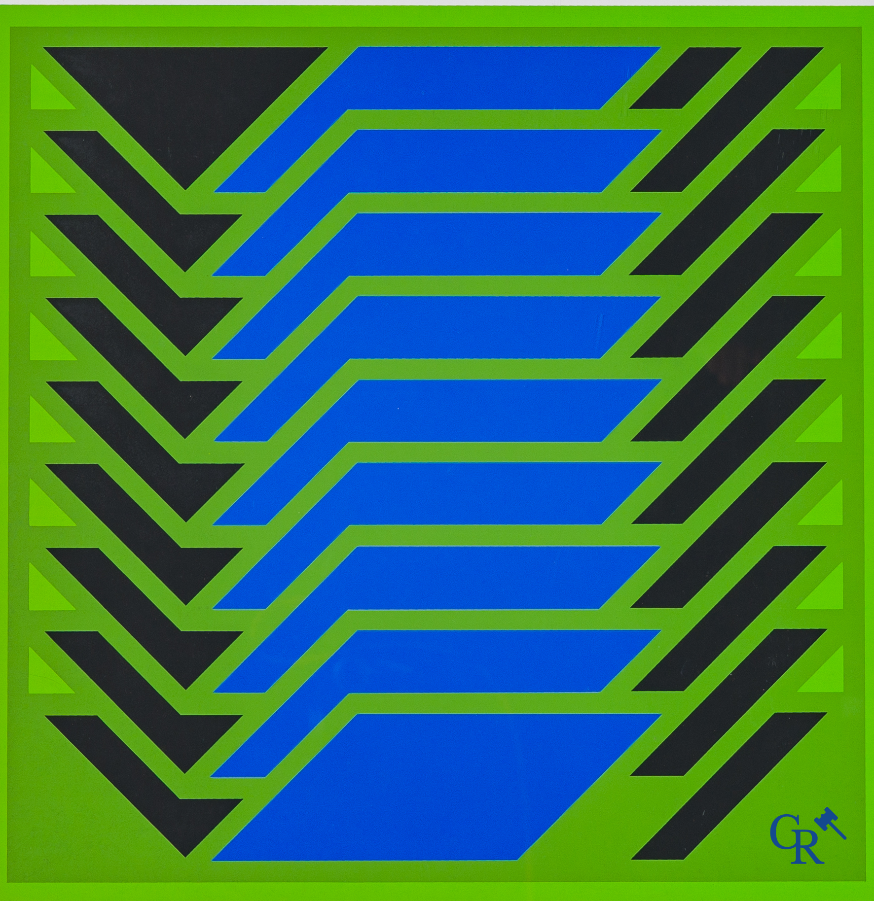 Jürgen Reipka (1936-2013) Composition géométrique en bleu, vert et noir 87/200. Sérigraphie.