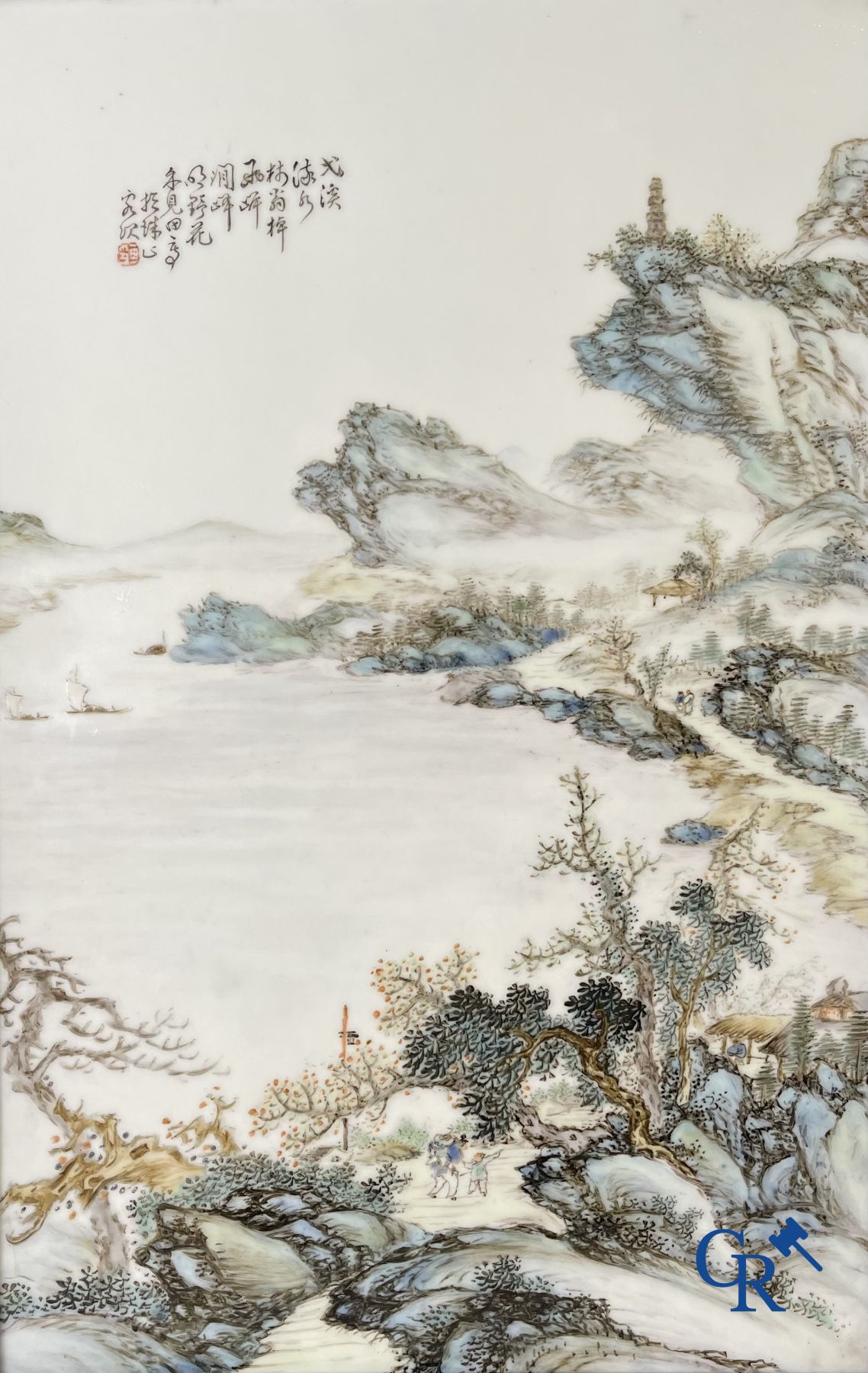 Chinese porcelain: A Chinese qianjiang cai porcelain painting in frame.