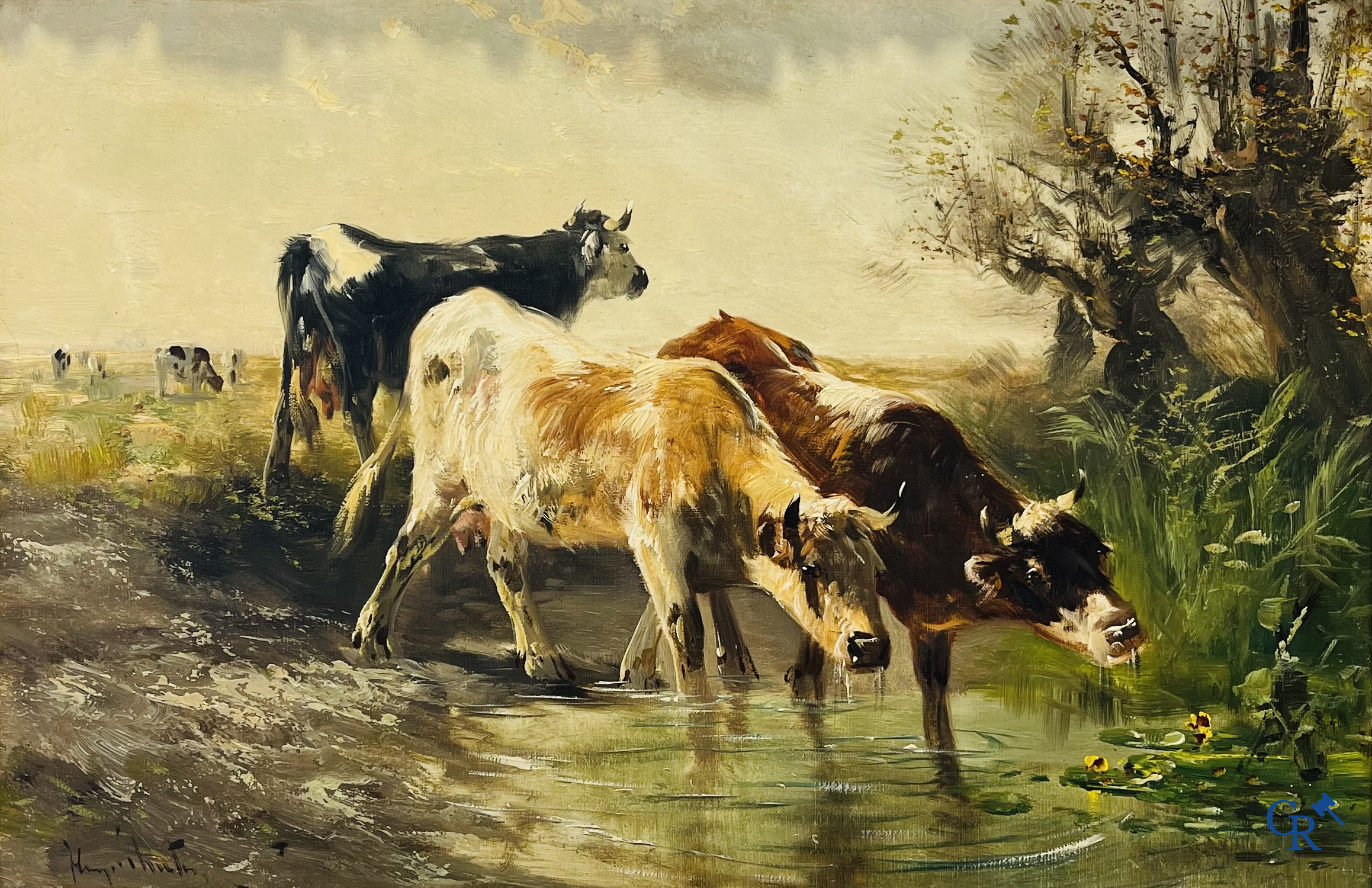 Henry Schouten. 2 paintings, oil on canvas that form a pendant, drinking cows.