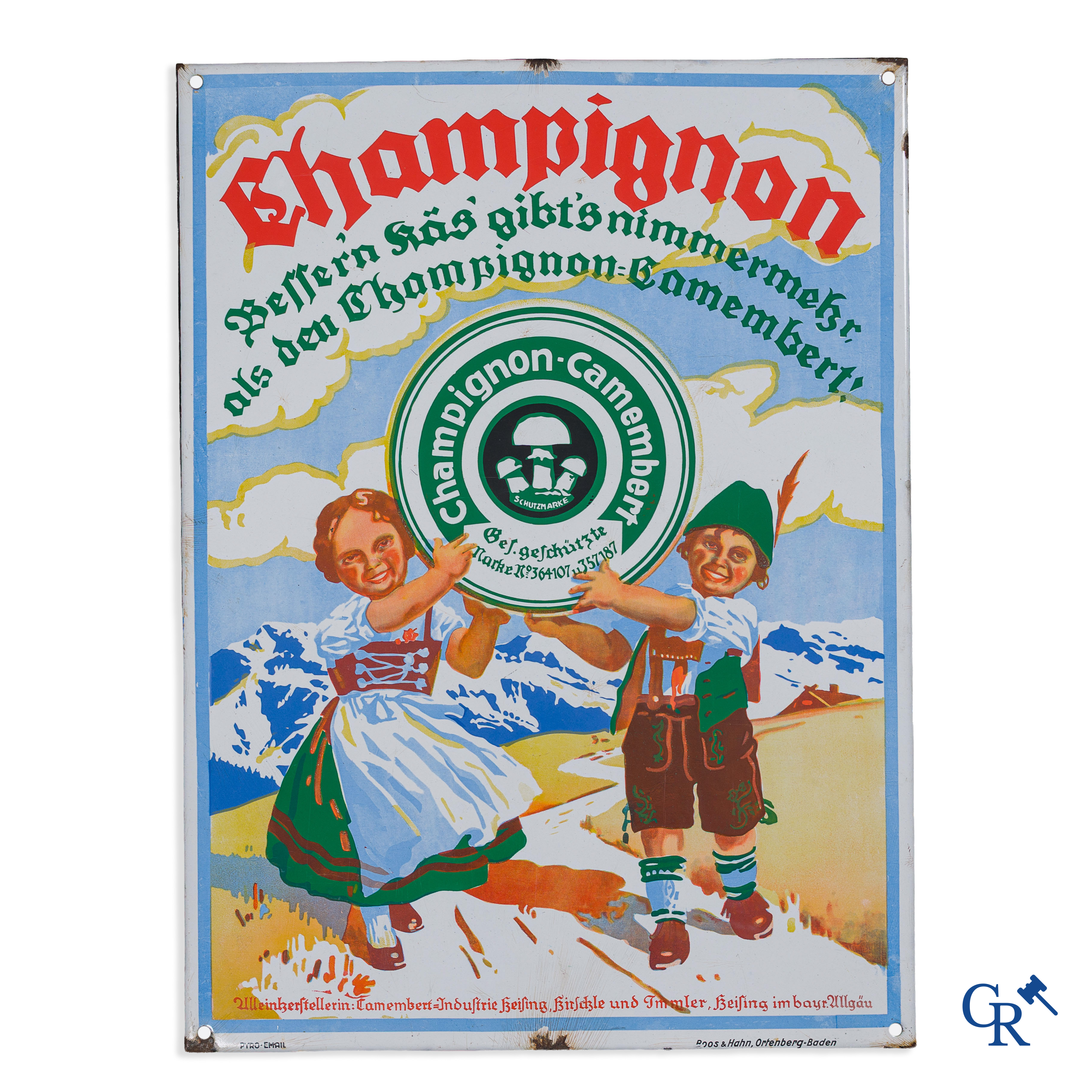 Emaille reclamebord voor Champignon-Camembert. Bayr Ullgäu. Boos & Hahn Ortenberg-Baden.