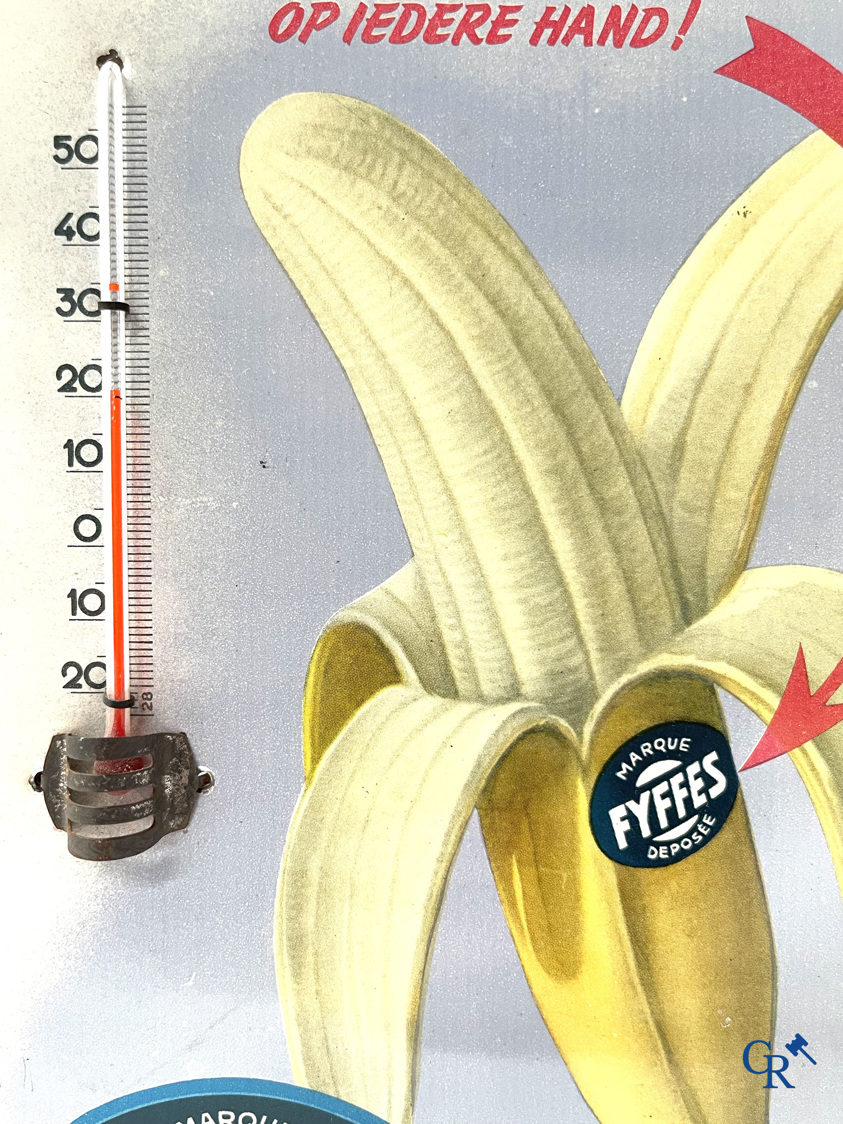 Fyffes, publiciteits thermometer in bedrukt blik voor Fyffes bananen. Sobi Brussel 1956.