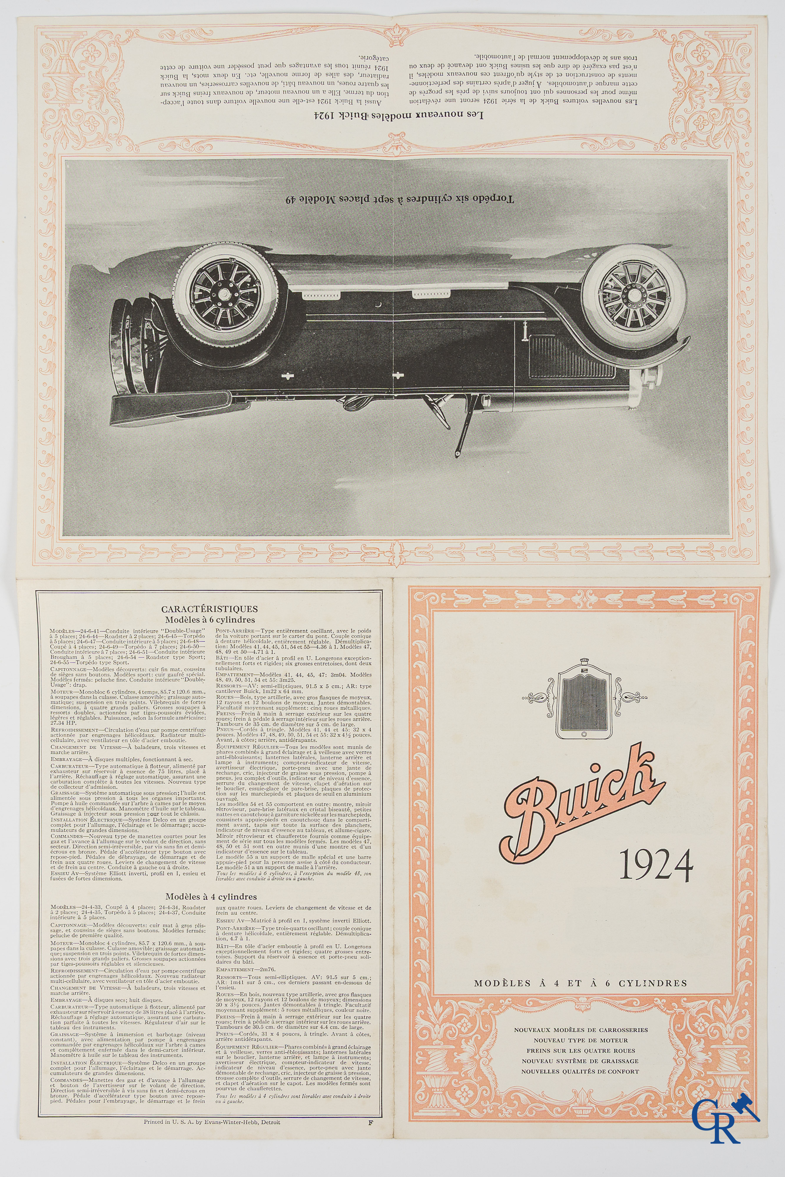 Buick. Luxueuse opvouwbare publiciteitsfolder uit 1924 voor de 4 en 6 cilinders van General Motors export Company.