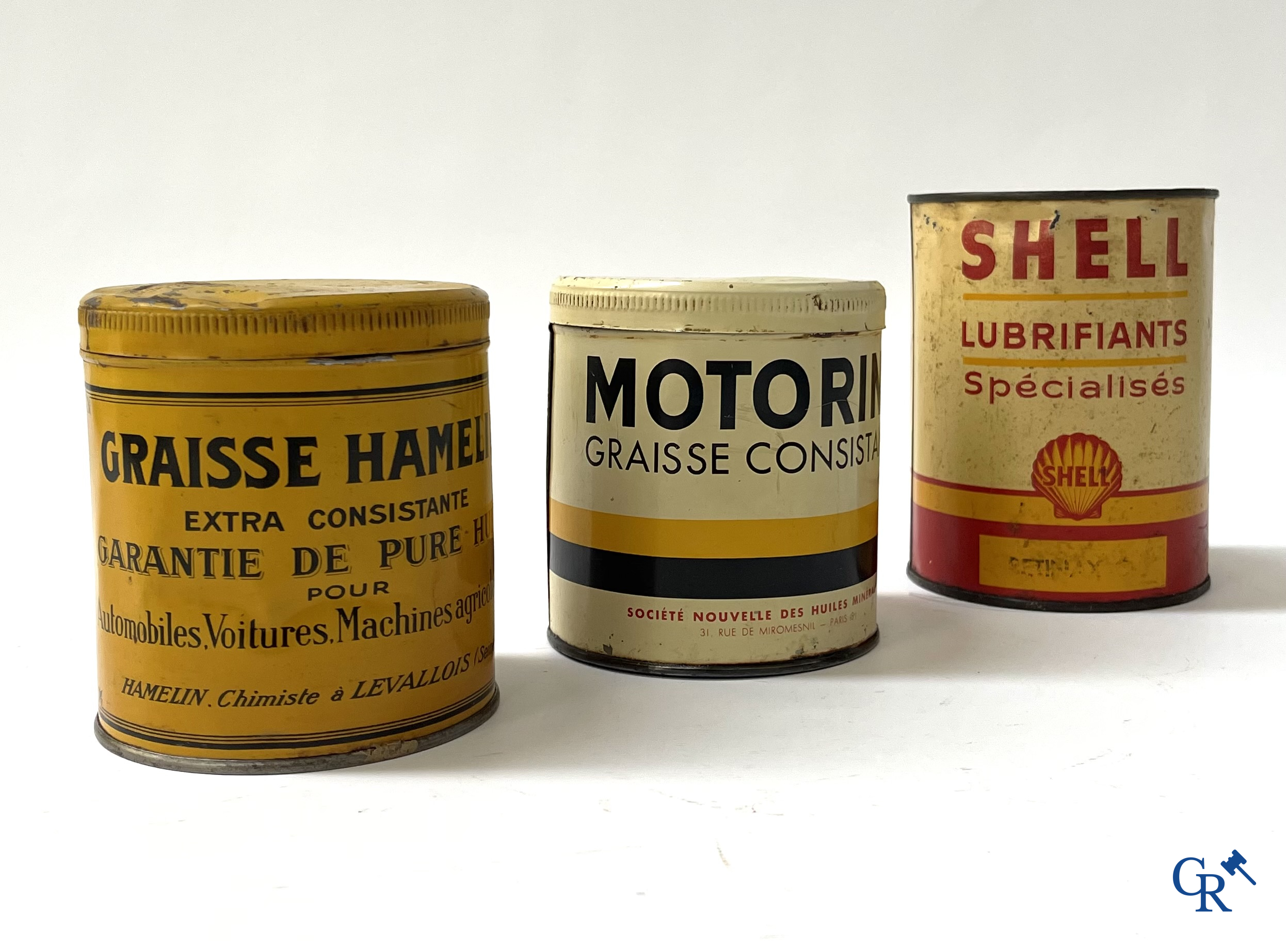 Automobilia. 6 blikken voor autosmering. Graisse Renault, Equateur, Motorine Veedol, Hamelin, Shell. Jaren '50.