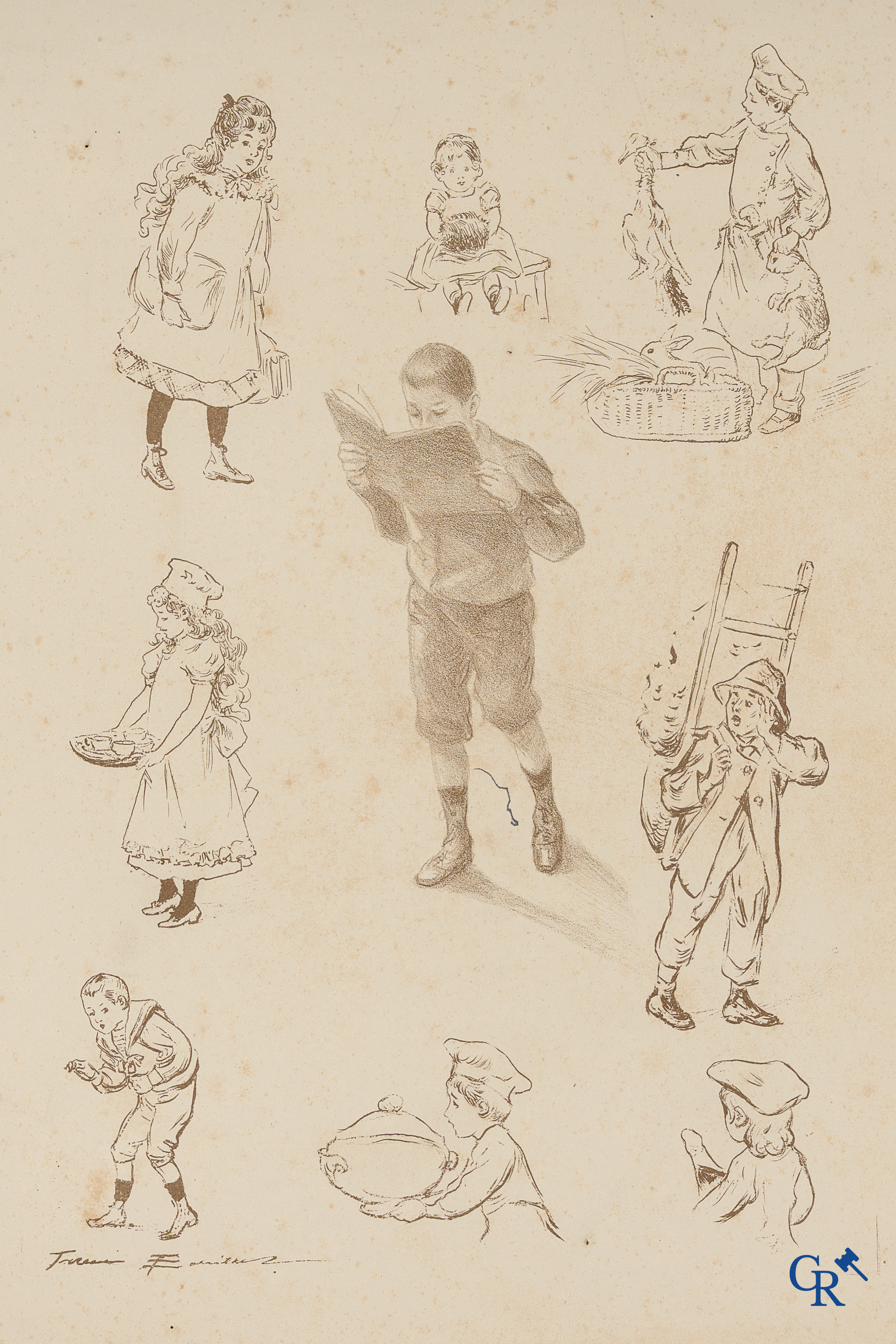 Firmin Bouisset (1859-1925) Lithografische proefdruk met schetsen van Jacques Bouisset en typische onderwerpen.