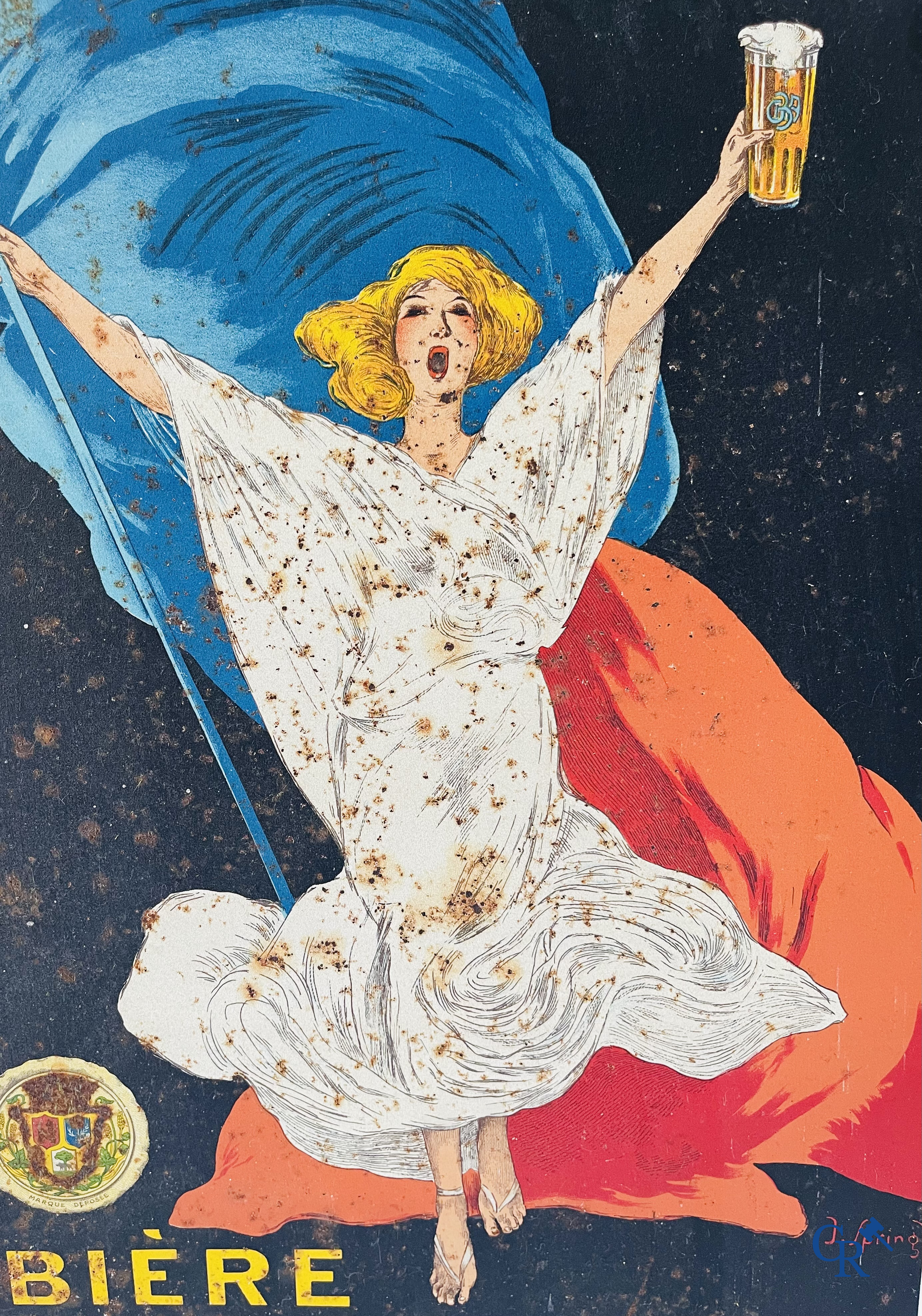 J. Spring (André Lapuszewski, Joseph Stall) Publiciteit gedrukt op metaal voor Bière de la Grande Brasserie Ardennaise.