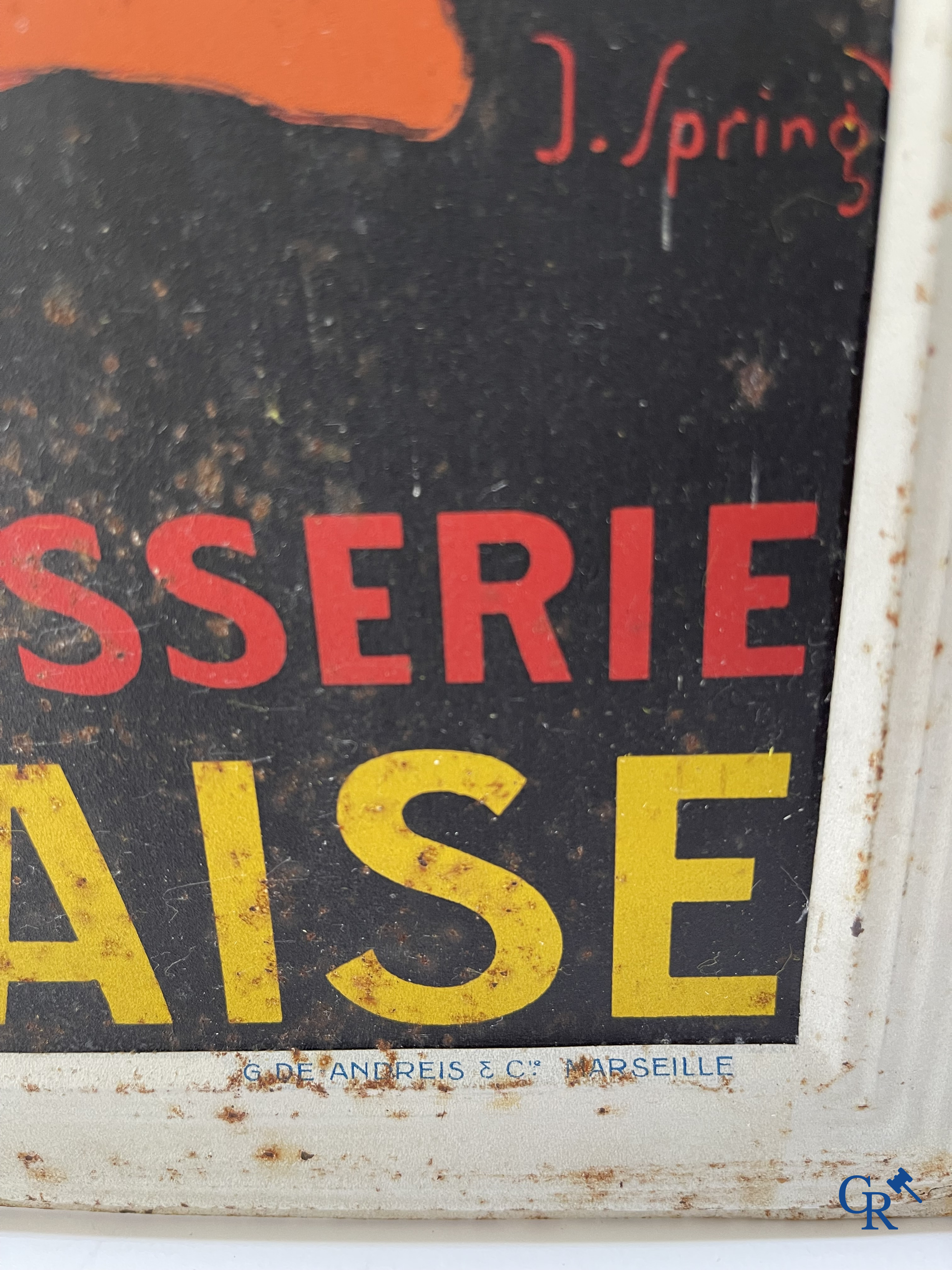 J. Spring (André Lapuszewski, Joseph Stall) Publiciteit gedrukt op metaal voor Bière de la Grande Brasserie Ardennaise.